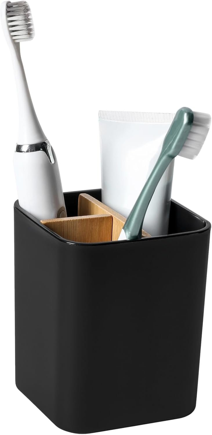 Bamboo Toothbrush Holder for Bathrooms, 3 Slots Toothbrush and Toothpaste Holder Bathroom Counter Organizer for Electric Toothbrushes, Floss, Razors – Black