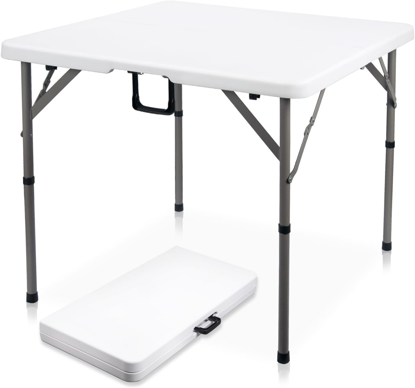34″ Square Folding Card Table, Fold-in-Half Utility Dining Portable Table Heavy Duty HDPE White Plastic Foldable with Carrying Handle Indoor Outdoor for Picnic, Camping, Party