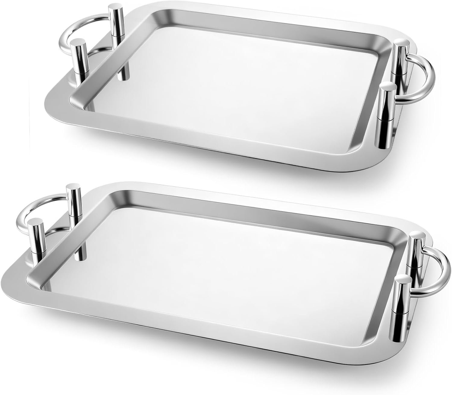2 Pcs Stainless Steel Serving Tray, Heavy Duty Portable Metal Serving Tray with Handle Mirror Polished Steel Buffet Snack Salver for Coffee, Desserts, Cakes(Square,19 x 13,16″ X 12″)