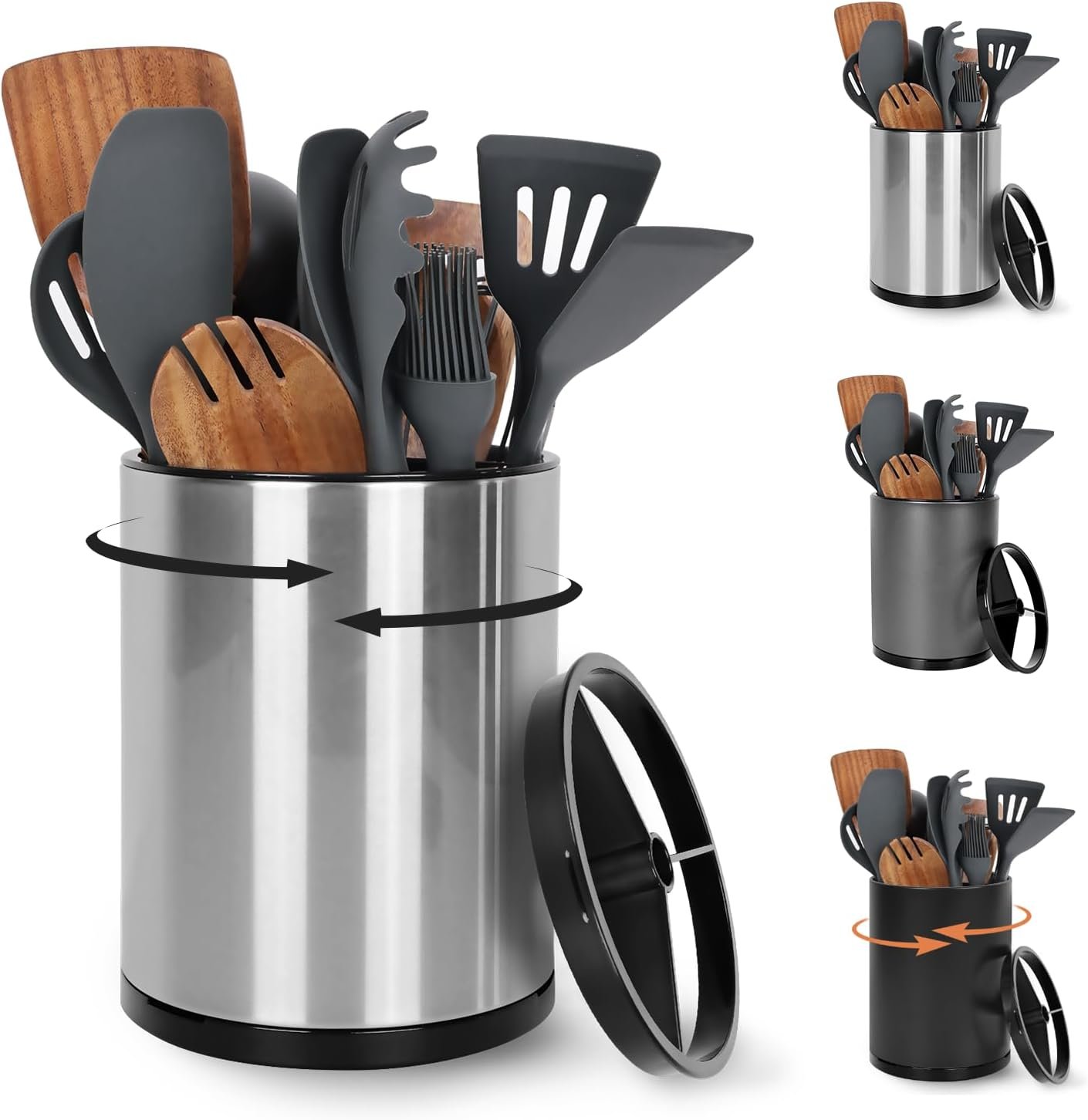 Extra Large Kitchen Utensil Holder, 360° Rotating Stainless Steel Cooking Utensil Holder for Countertop, 3 Compartment Flatware Organizer & Cooking Caddy with Removable Base（Silvery）