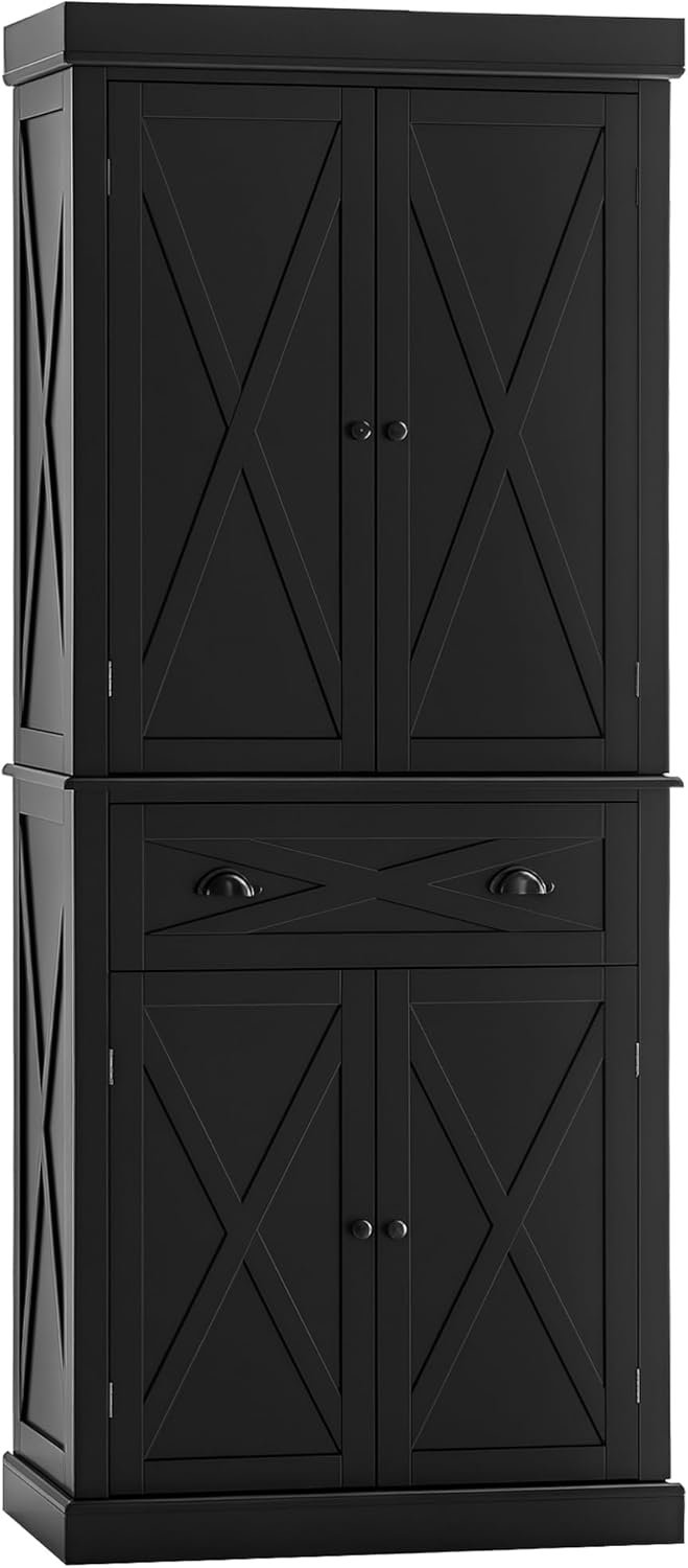 HOMCOM 72″ Kitchen Pantry Storage Cabinet, Traditional Freestanding Cupboard with 4 Doors and 2 Adjustable Shelves, Large Central Drawer, X-Frame, Black