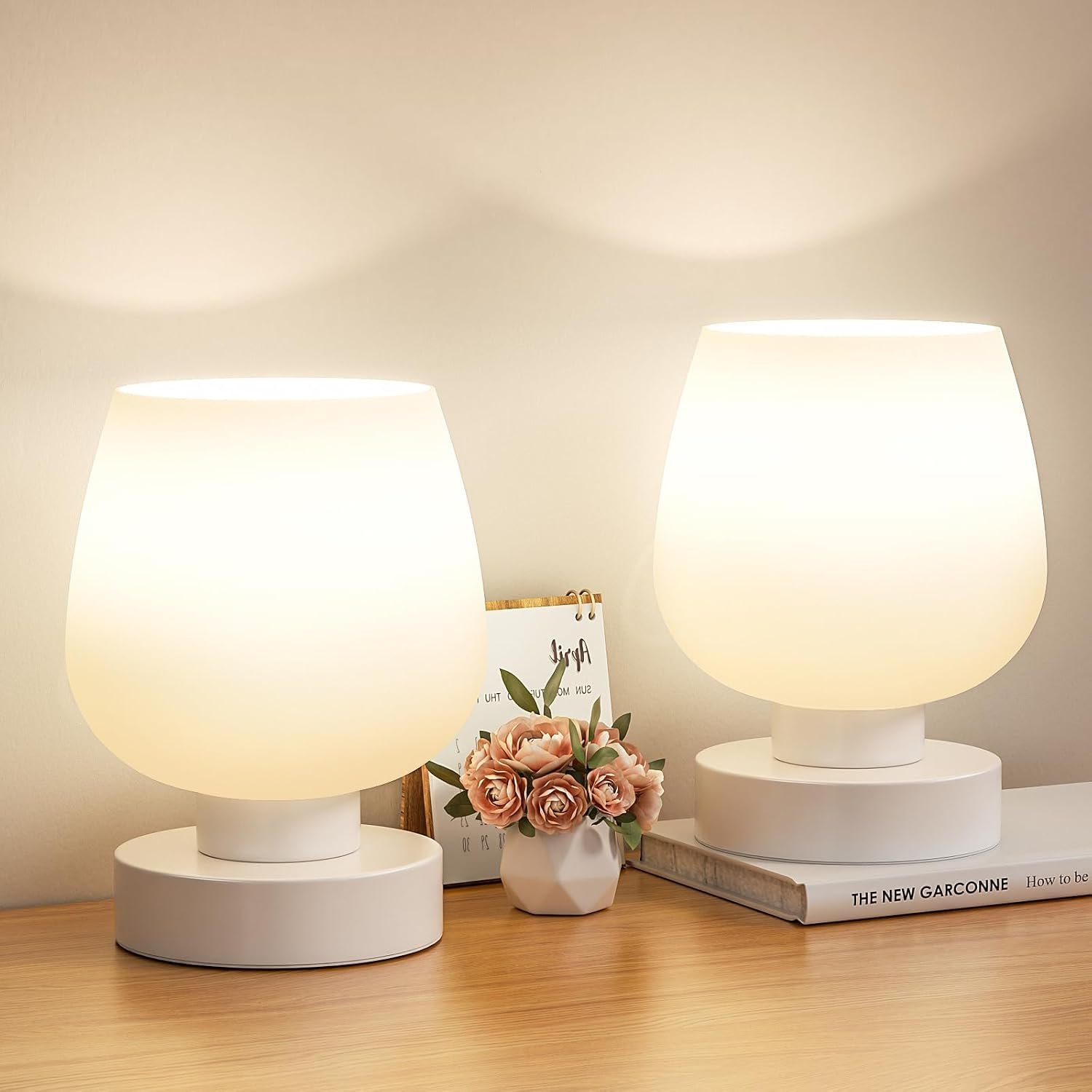 Touch Bedside Table Lamp Set of 2 – Small Bedside Lamp for Bedroom Living Room Night Stands, Desk Lamp with White Glass Shade for Small Spaces, 3 Way Dimmable, LED Bulbs, Gifts