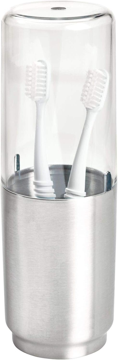 iDesign Austin Metal Covered Holder Stand, Holds Regular and Electric Toothbrushes in Master, Guest, Kid’s, College Dorm Bathroom, Brushed