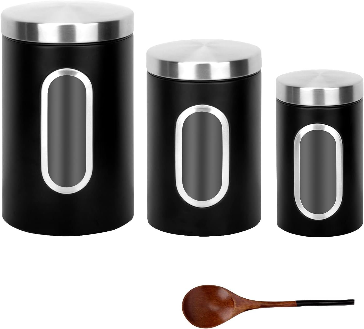 Black Kitchen Counter Canister set 3 pieces, 0.9/1.6/2.9 Quarts Stainless Steel Flour Sugar Tea Coffee Biscult Storage Containers with with Long Wood Spoon&Visible
