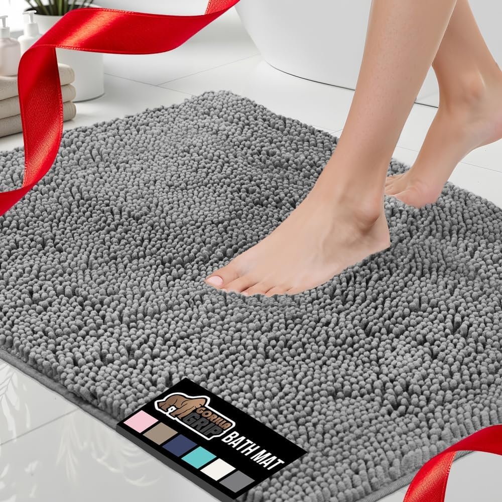 GORILLA GRIP Bath Rug Mat, Thick Soft Absorbent Chenille, Quick Dry Microfiber Mats, Rubber Backing Washable Shower Floor Rugs, Bathmat Runner, US Designed Bathroom Home Decor Accessories 24×17, Grey