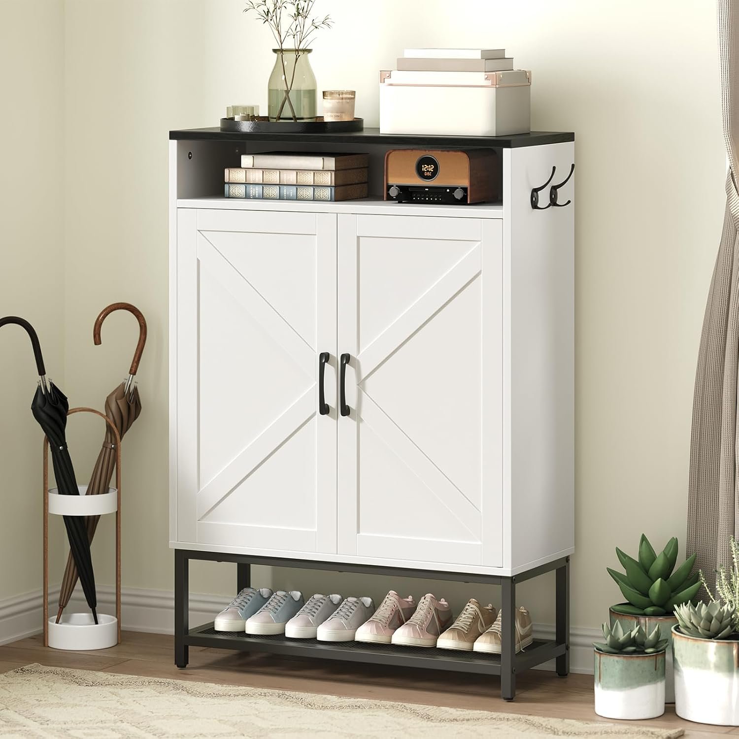 Shoe Storage Cabinet, Farmhouse Shoe Cabinet for Entryway, 6-Tier Shoe Organizer with Doors and Shelves, Narrow Hidden Freestanding Shoe Rack Cabinet for Entrance, White and Black SHHW9501