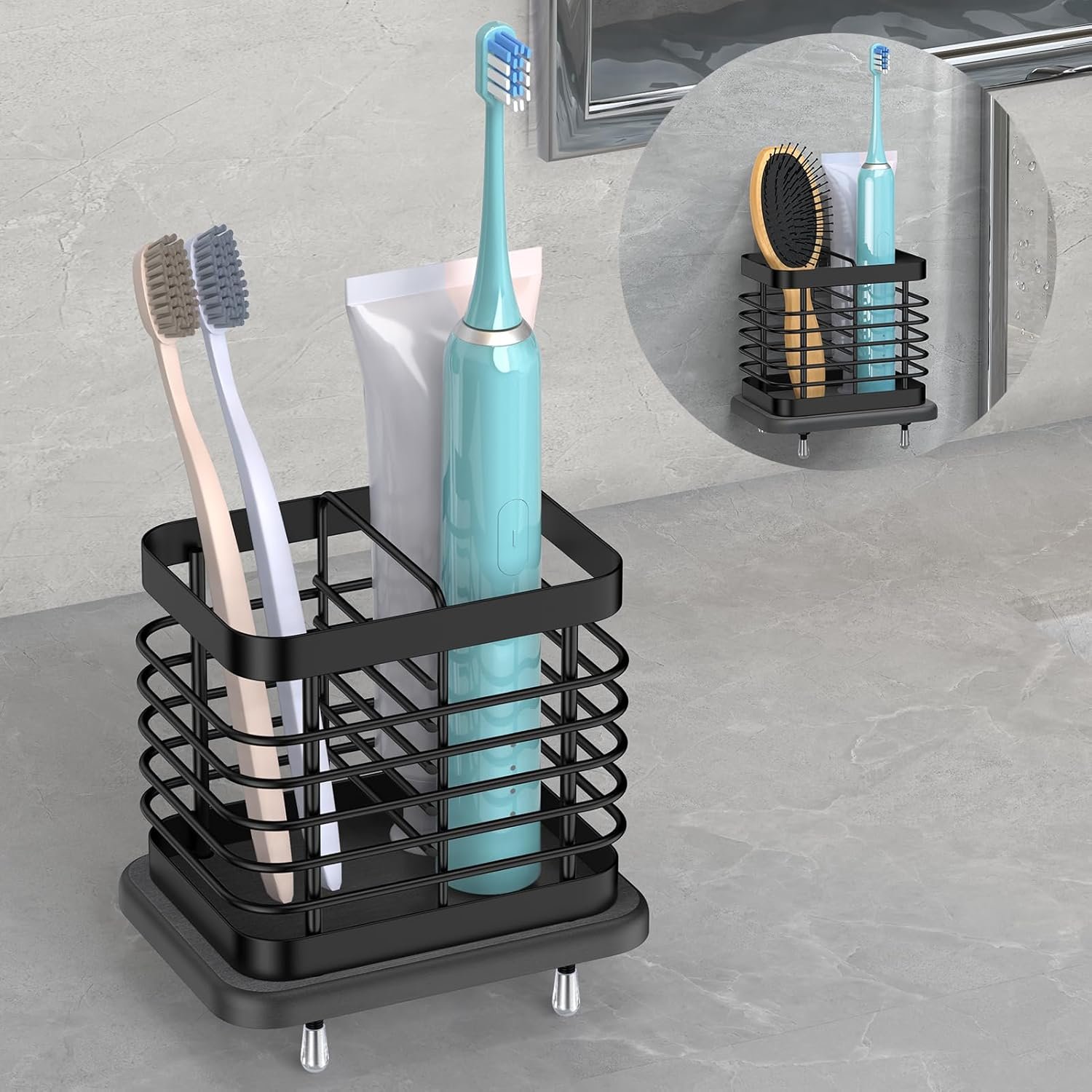 Toothbrush Holders for Bathroom, 2 Slots Electric Toothbrush Holder with Fast Dry Tray Adhesive Hook Wall Mounted Coutertop Toothbrush Holder Shower Toothpaste Bathroom Organizer Essentials, Black