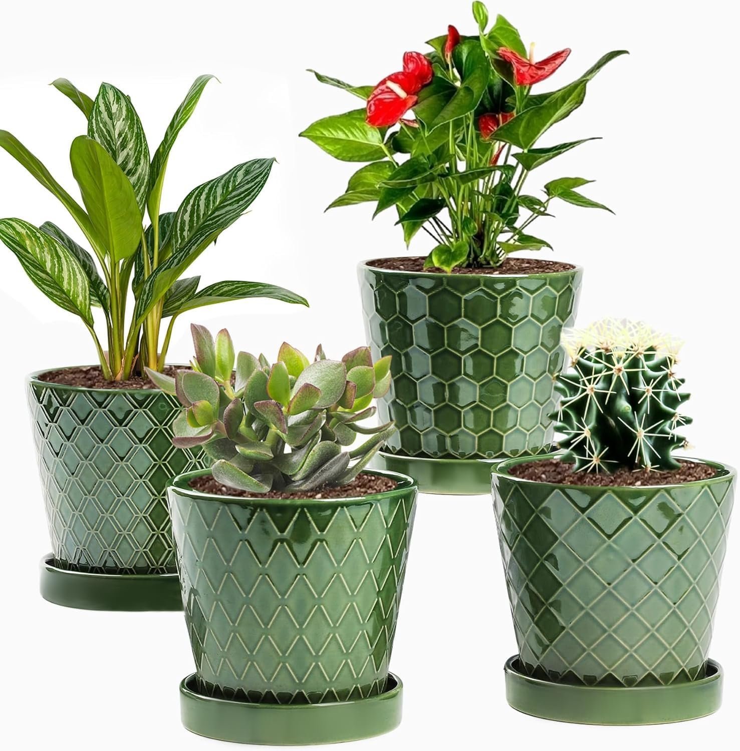 EFISPSS Flower Planter –5 inch Ceramic Plant Pots with Drainage Hole and Ceramic Tray – Gardening Home Desktop Office Windowsill Decoration Gift Set of 4 – Plants NOT Included