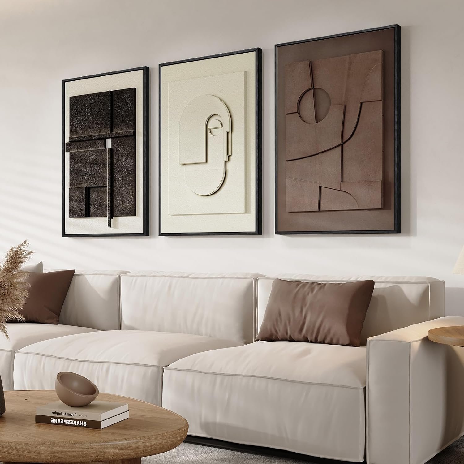 3D Textured Framed Abstract Wall Art, 3 Piece Modern Paintings Artwork for Walls, Black White Brown Geometric Sandstone Texture Pictures for Living Room Dining Room Bedroom Office Wall Decor 16×24 In