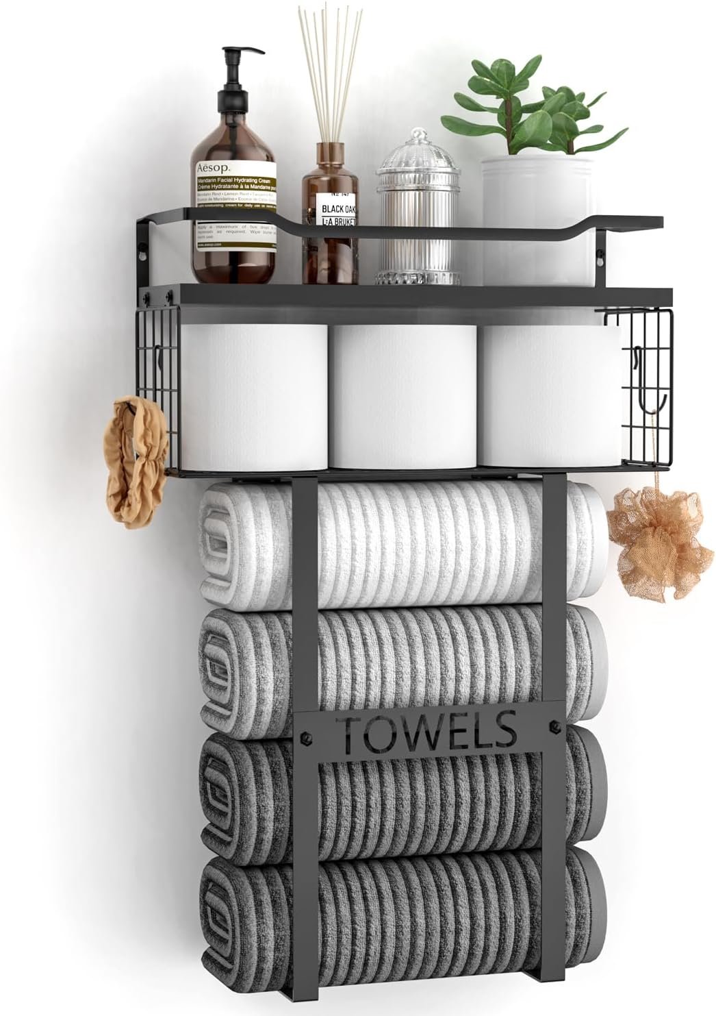 Wall Mounted Towel Rack for Bathroom – Bath Storage Holder Set Above Toilet, Rolled Towel Shelf Organizer, Wood Vertical Rack for Small Bathroom Decor, Black