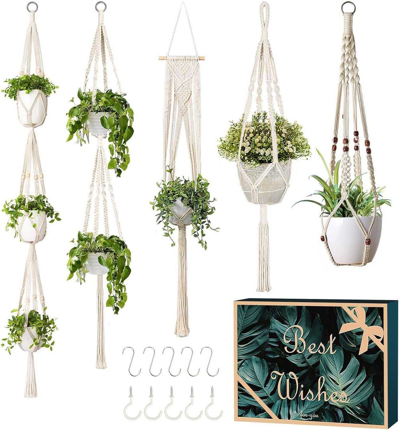 GROWNEER 5 Packs Macrame Plant Hangers with 5 Hooks, Different Tiers Handmade Cotton Rope Hanging Planters Set Flower Pots Holder Stand for Indoor Outdoor Boho Home Decor