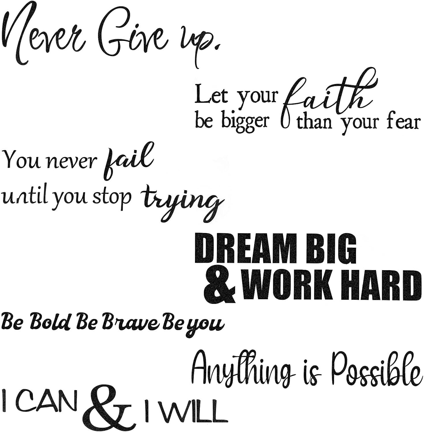 Zonon 5 Sheets Vinyl Wall Quotes Stickers Inspirational Quotes Decals Peel and Stick Motivational Wall Decals for Bedroom Living Room Office Bathroom(Never Give up)
