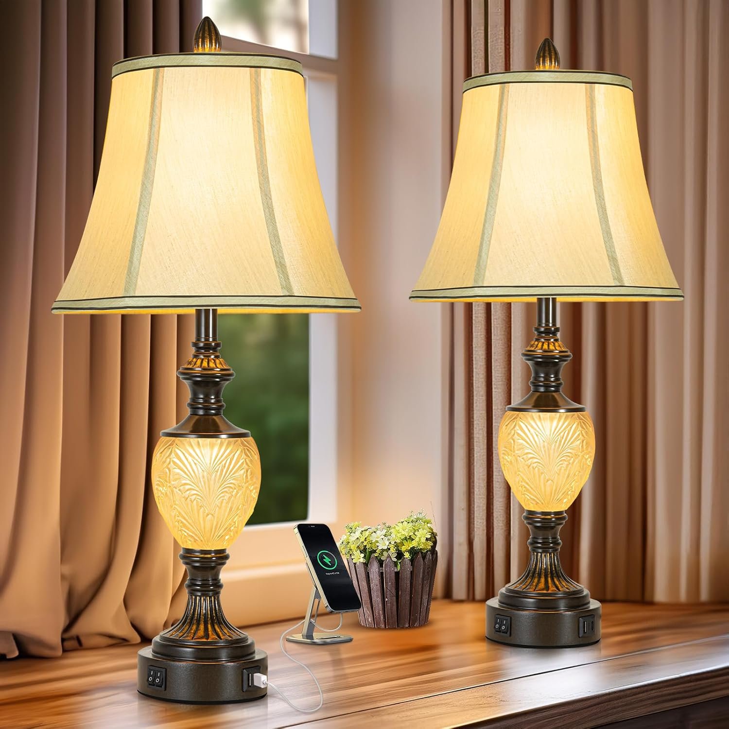 27” High Vintage Table Lamp Set of 2 for Living Room Farmhouse Bedside Lamp with Fabric Shades Boho Nightstand Lamp with USB and Nightlight for Bedroom Home Office Hotel Bar (Bulb Included)