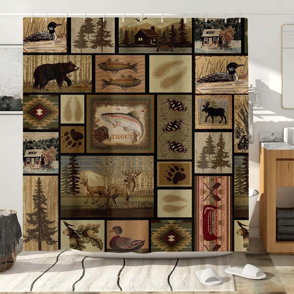 Rustic Lodge Shower Curtain, Cabin Retro Bear Moose Lodge Vintage Farmhouse Shower Curtain Sets, Wild Duck Leaves Mountain Hill Retro Decor Barhroom Curtain with Hooks, 69”X70”