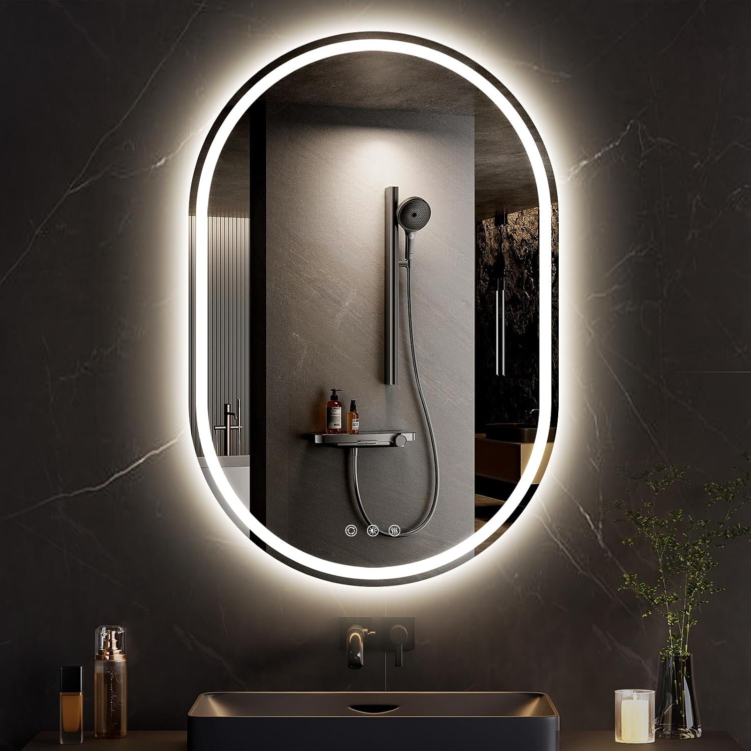 LED Bathroom Mirror with Lights 24 x 36 Inch, Oval LED Mirror for Bathroom, Fogless, Dimmable, 3 Color Changing, IP54, Shatterproof