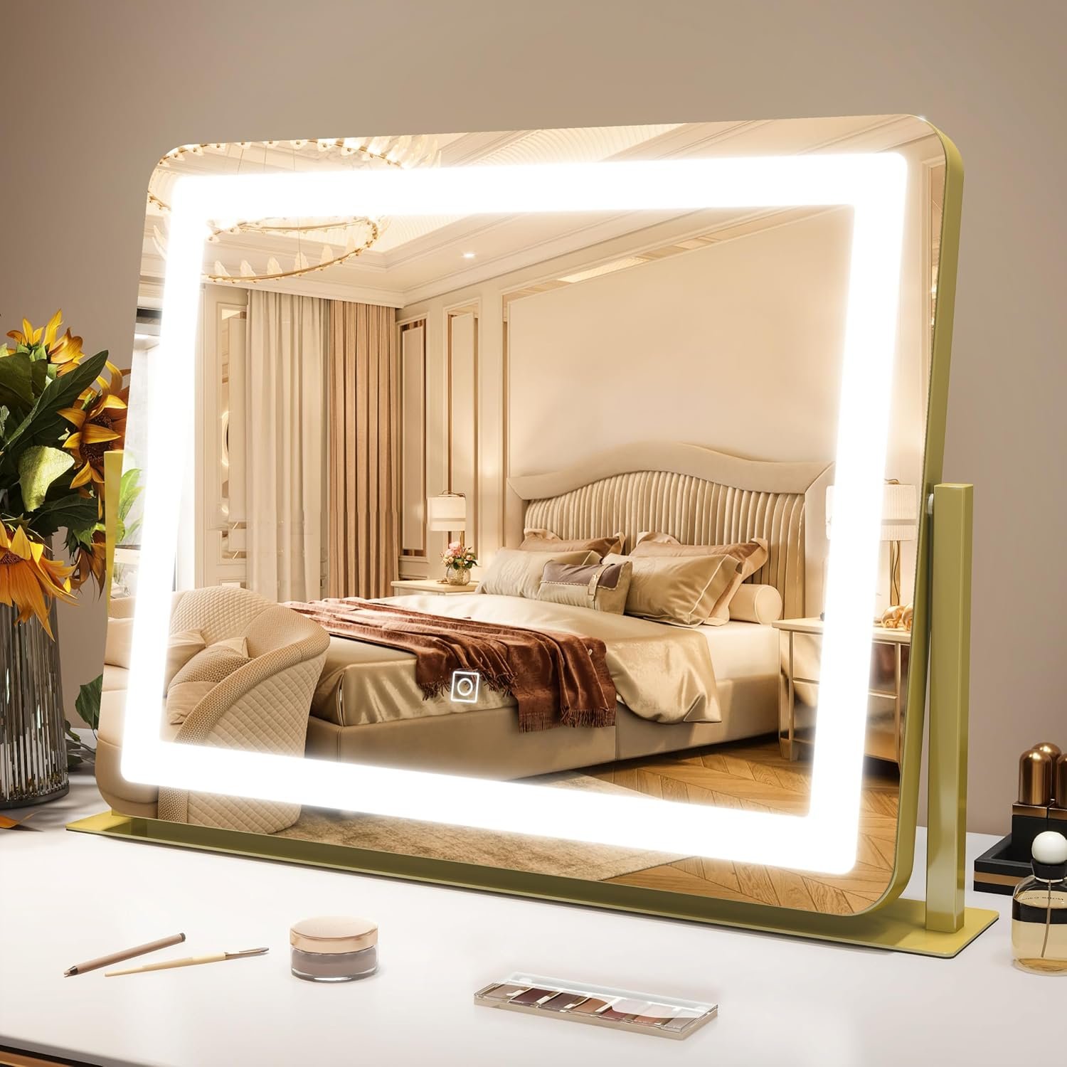 ROLOVE Gold Vanity Mirror with Lights – Smart Touch Dimming, 3-Color Lighting, 360° Rotatable Desktop Makeup Mirror for Desk, 22″x17″