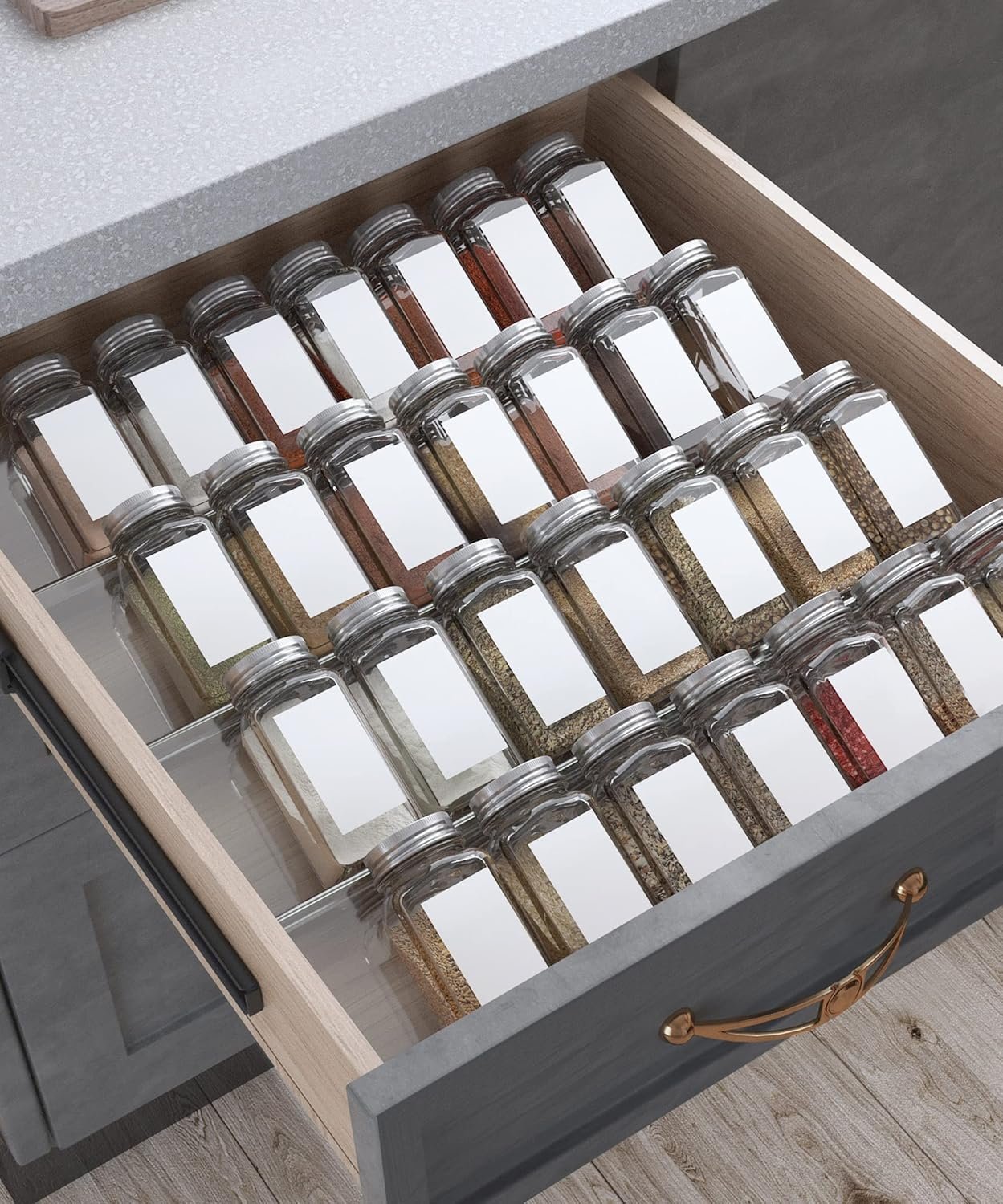 Antimbee Spice Drawer Organizer, 4 Tier- 4 Pack Acrylic Spice Rack Tray for Drawer, Expandable From 13″ to 26″ Kitchen Spice Rack Tray for Countertop Holds up 28 Spice Jars (Jars not Include)