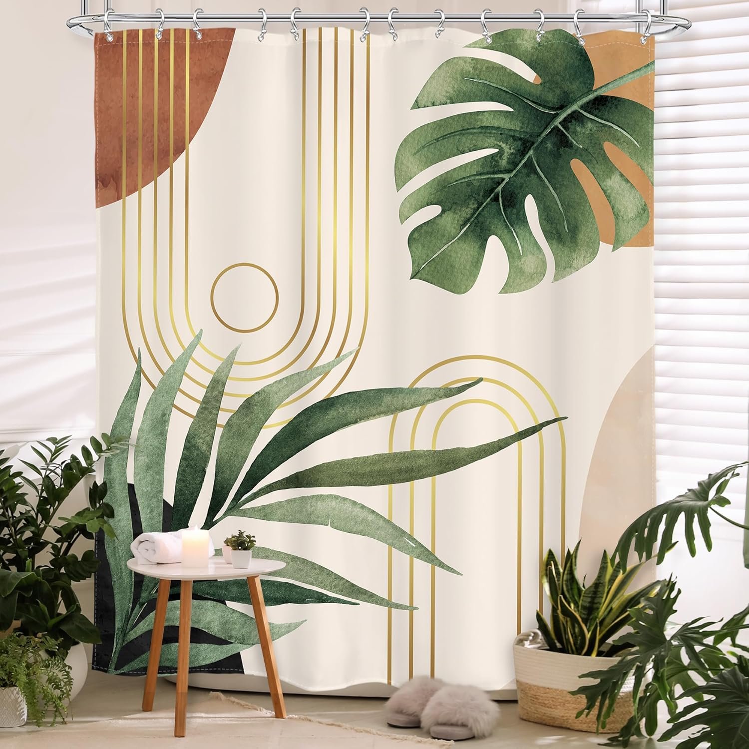 Glawry Boho Plant Shower Curtain 72Wx72L Inches Mid Century Botanical Tropical Abstract Minimalist Bohemian Leaves Bathroom Curtains Set Palm Leaf Green Bath Accessories Art Home Decor Fabric