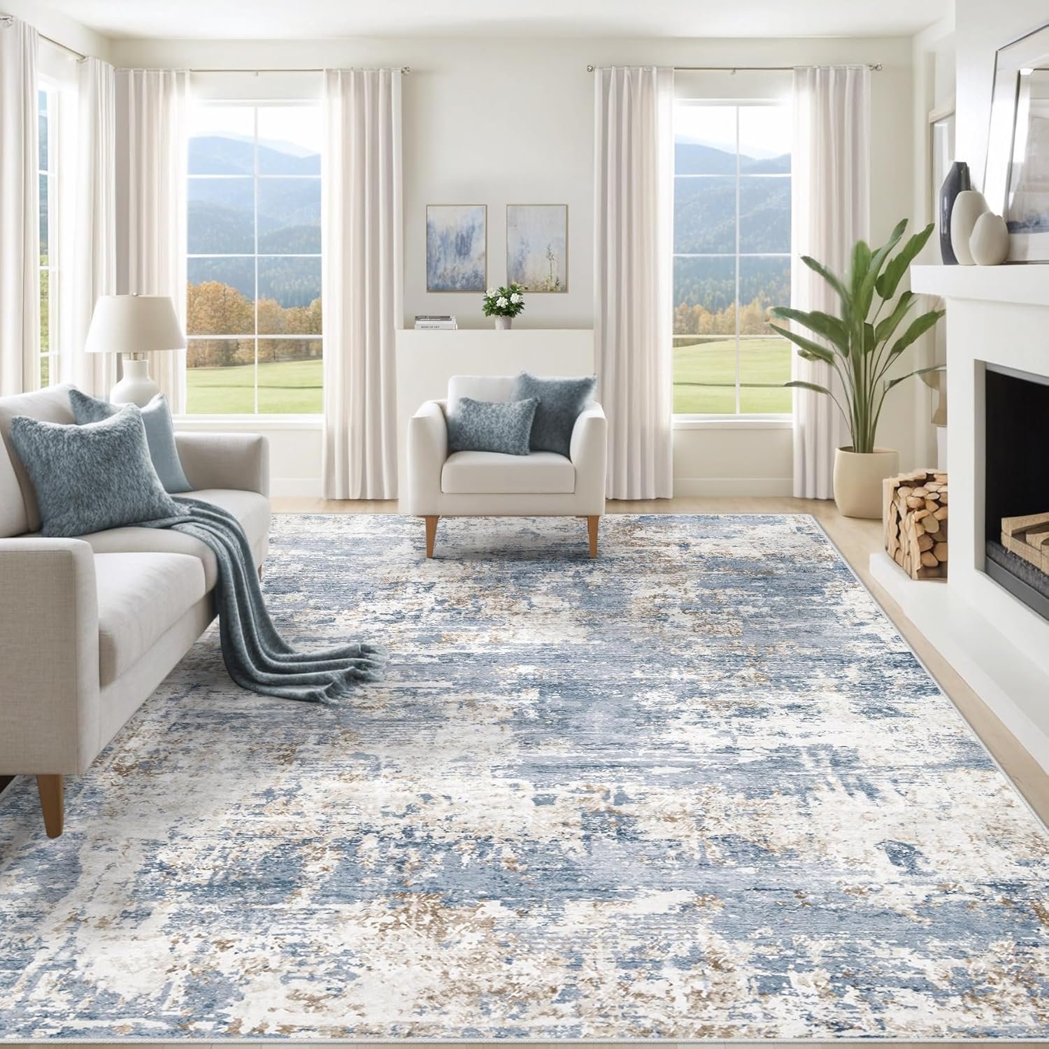 8×10 Area Rugs for Living Room, Washable Modern Abstract Large Area Rug Neutral Soft Non Slip Kids Rug Stain Resistant Indoor Carpet for Bedroom Nursery Dining Room Playroom Home Office(Blue, 8’x10′)