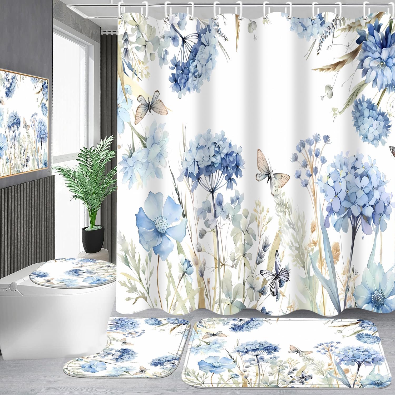 4-Piece Blue Floral Shower Curtain Butterfly Flowers Bathroom Set with Shower Curtain and Rugs, Blue White Bath Set with Hooks for Farmhouse Home Decor