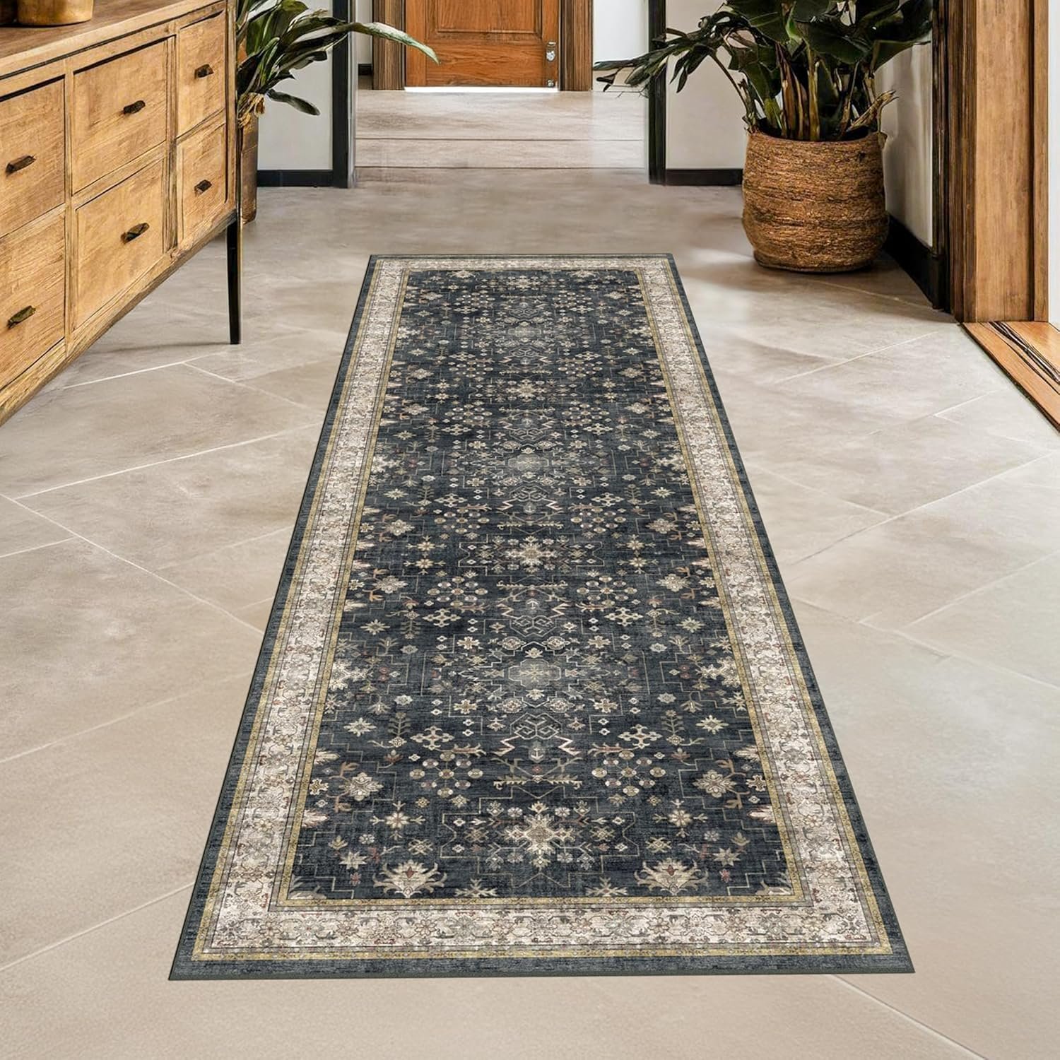 Black Boho Washable 2×6 Runner Rugs for Hallway Kitchen Bedroom Beside Laundry Room Bathroom Rug, Pet & Kids Friendly, Non Slip Low Pile Stain Resistant Soft Foldable Long 24 x 72 Floor Carpet