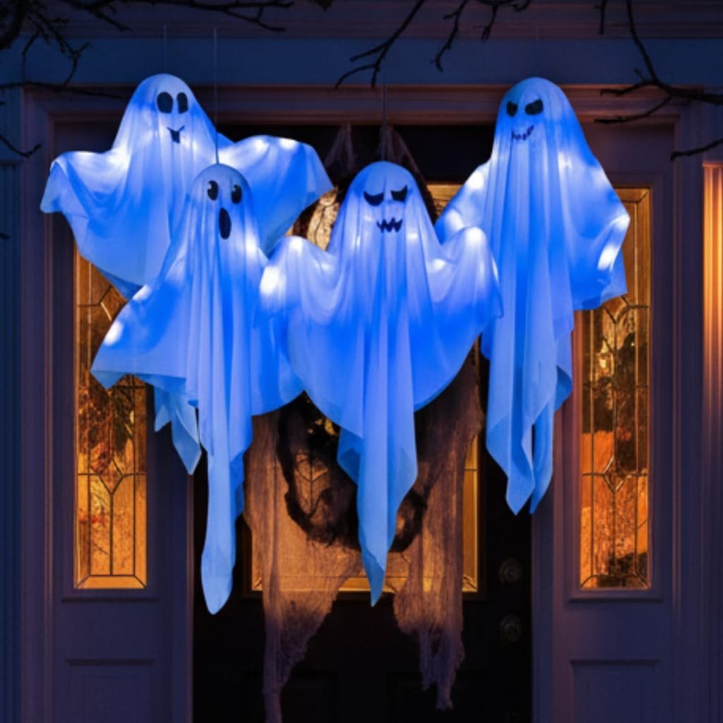 4 Pack Halloween Hanging Ghost Decorations, 27.5″ Light Up Spooky Floating Ghosts with Blue LED, Outdoor & Indoor Haunted House, Porch, Yard, Party Decor, Patio Lawn Garden
