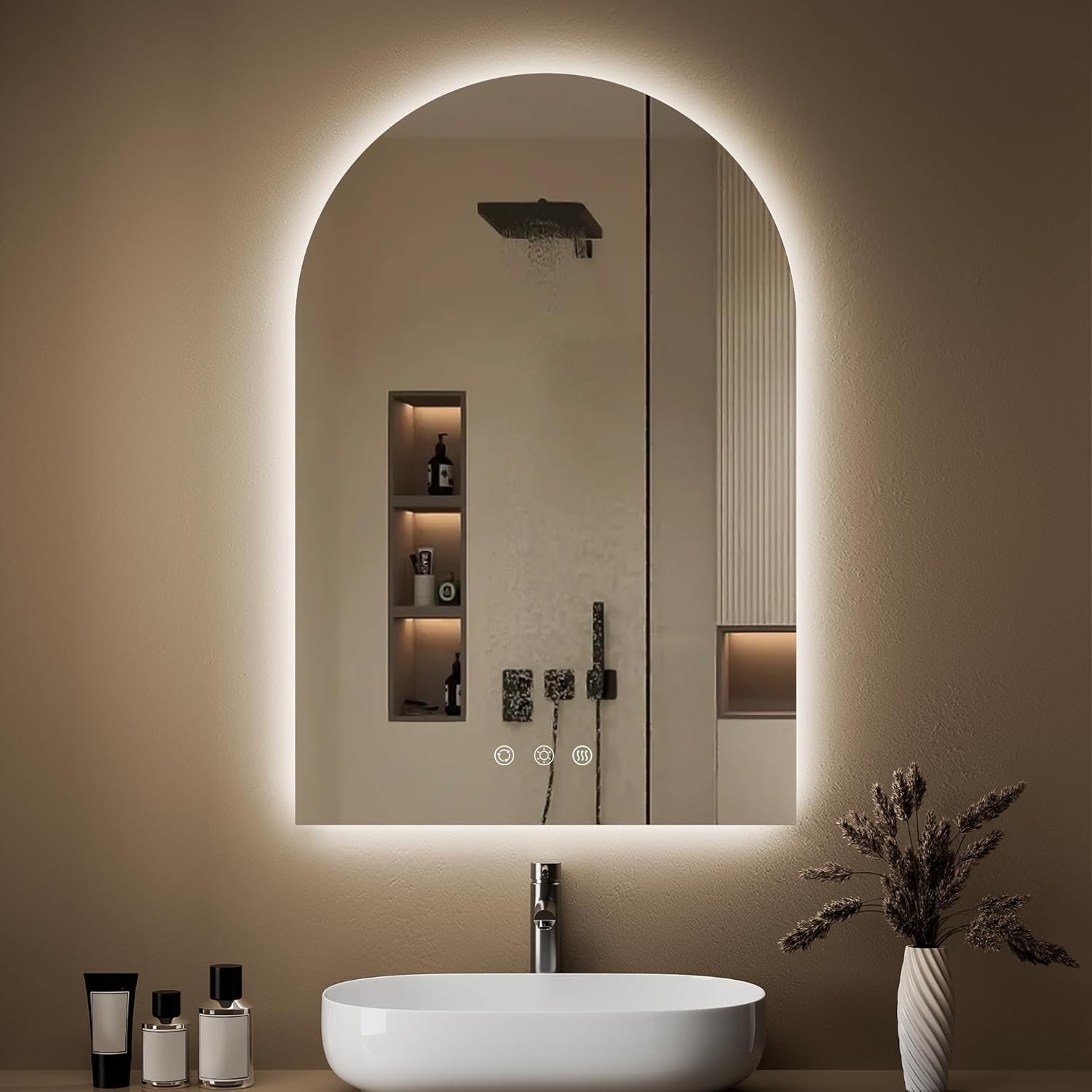 Arched Backlit Mirror Bathroom 24″x36″- Frameless LED Bathroom Mirror with Lights, Fogless, Dimmable, 3 Color Changing, Shatterproof, Touch Sensor