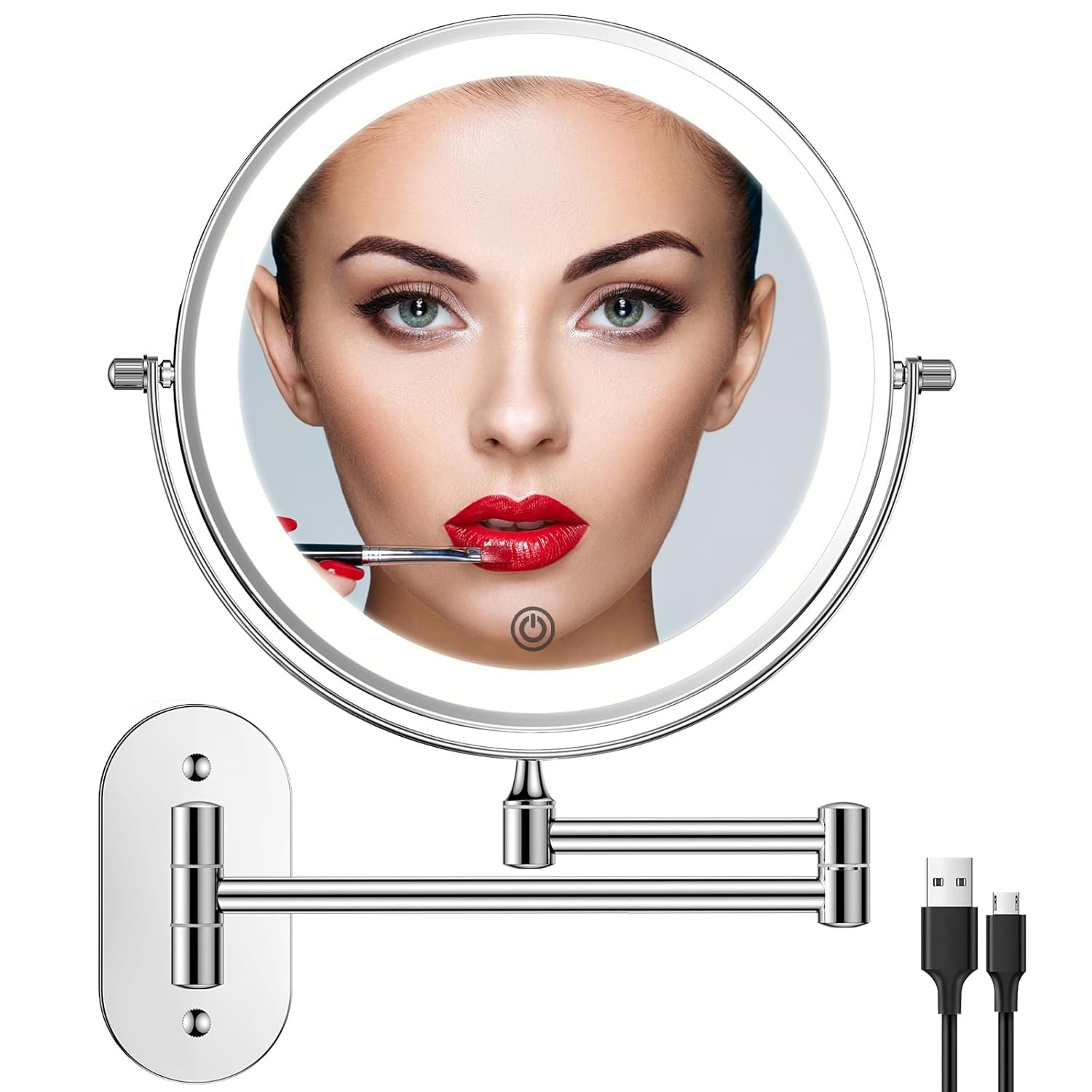 FUNTOUCH 5000mAh Rechargeable Wall Mounted Lighted Makeup Vanity Mirrors, Double Sided 1X 30X Magnifying, 3 Color Lighting, Touch Screen Dimming, Extended Arm 360 Rotation Shaving Bathroom Mirror