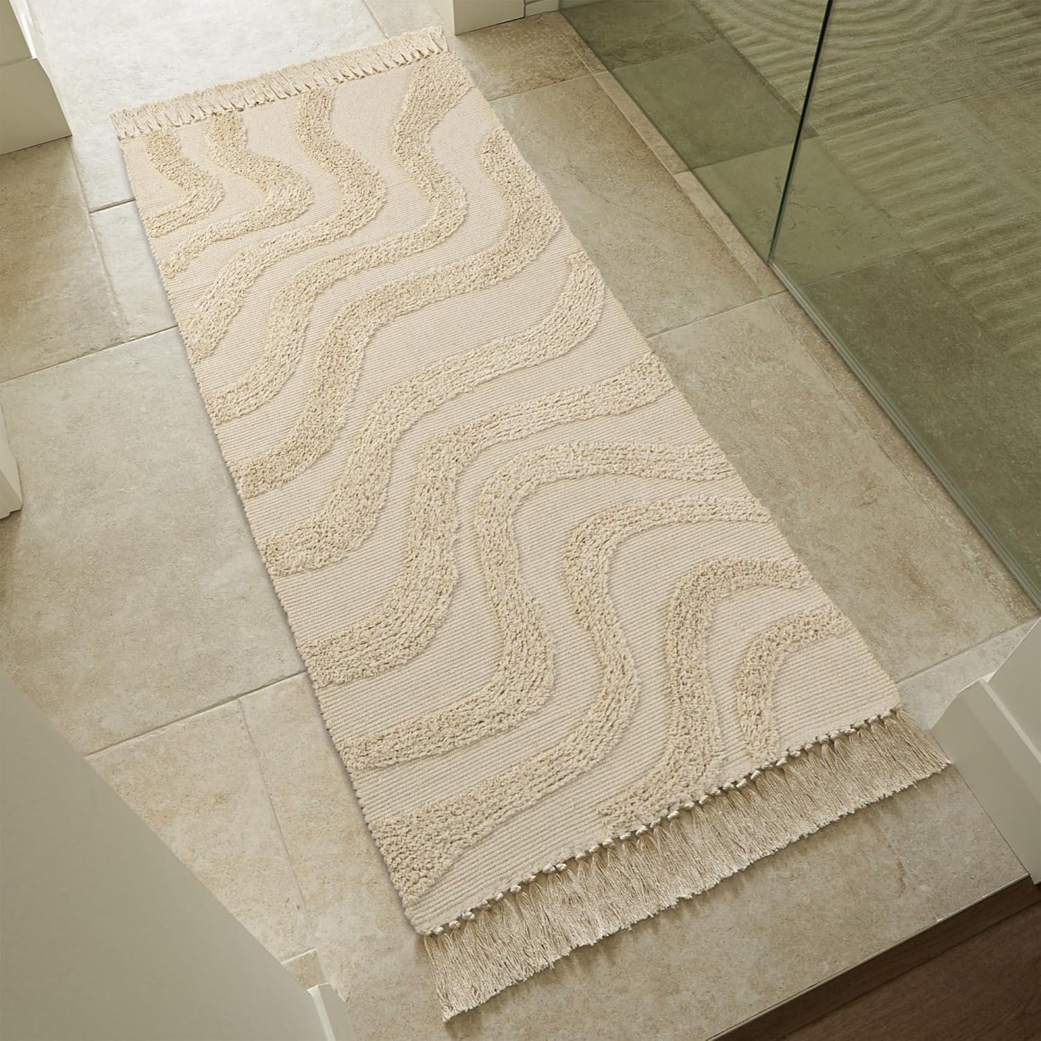 Beautiful Boho Rug with Tassels for Your Bathroom – Soft 2 x 4,3 ft. Cotton Rug Fits Perfectly Into Your Bedroom – Washable, Non-Slip Bedside Mat Ideal to Enhance Any Modern Home Decor, 24 x 52inch