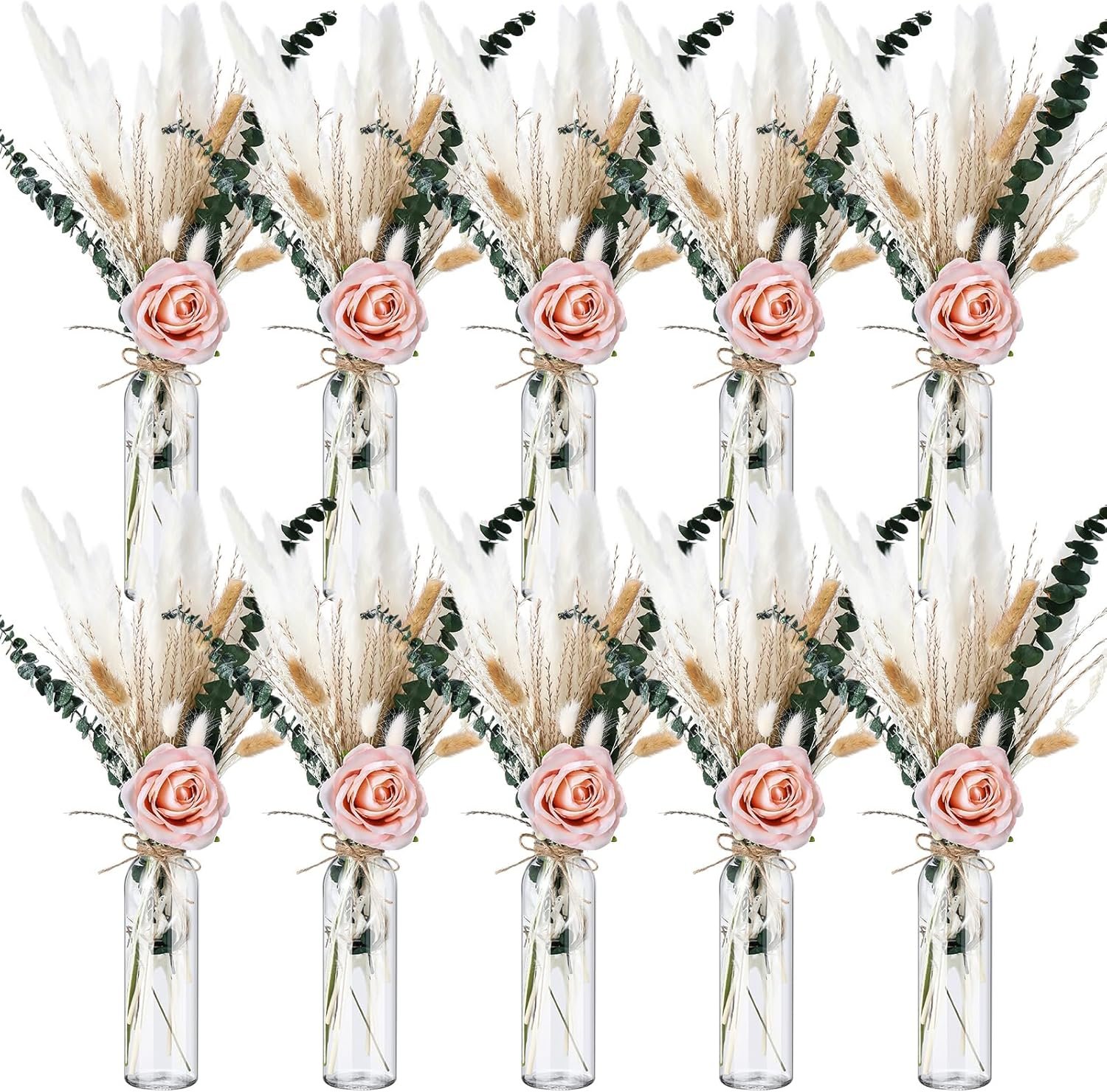10 Set Dried Pampas Grass Centerpiece for Wedding Baby Shower Party 10 Glass Flower Jars 10 Artificial Roses 80 Dried Pampas Grass with Rope for Rustic Bridal Farmhouse Decoration(Pink)