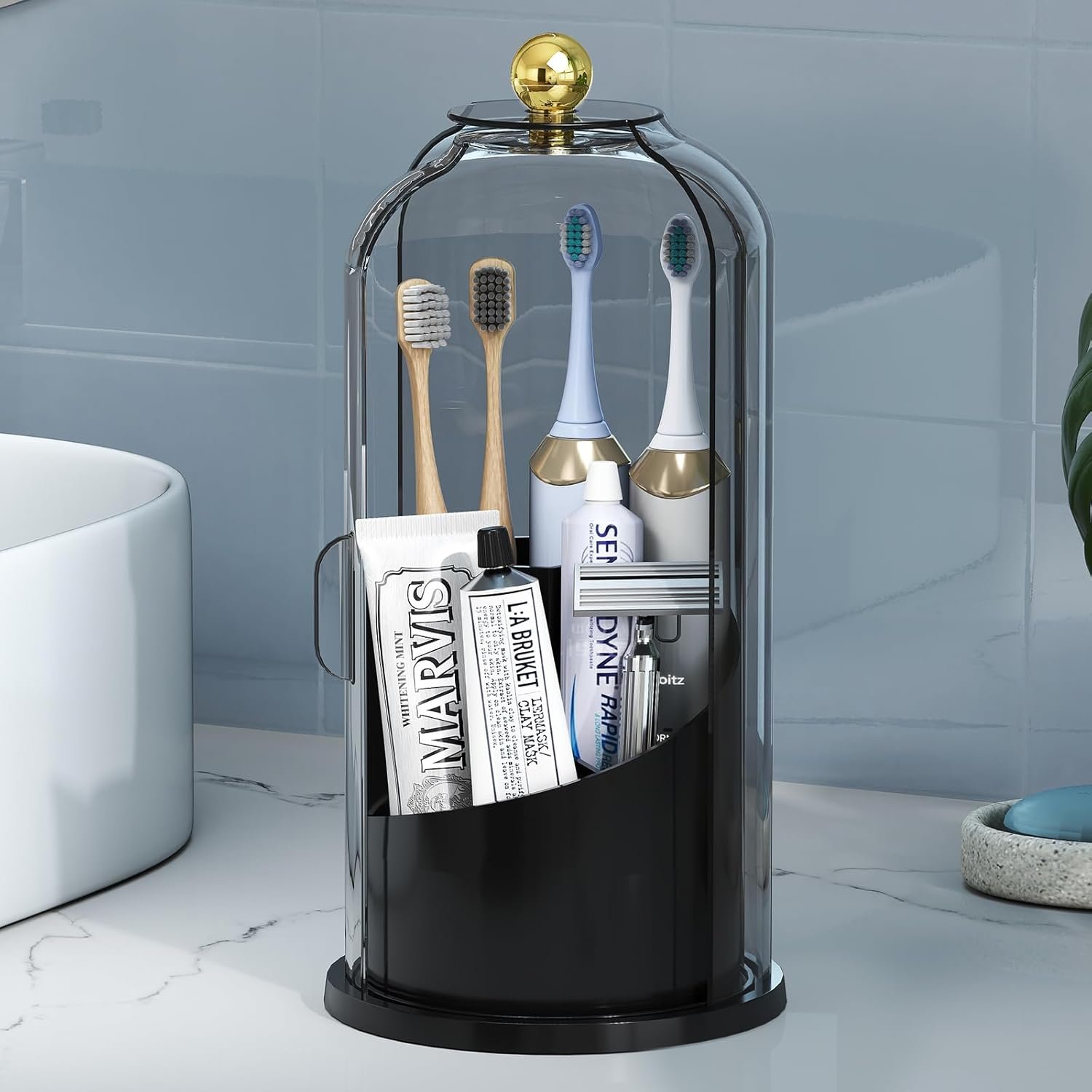 Delamu Covered Toothbrush Holder with 180° Dustproof Sliding Lid, Toothbrush Organizer with 360° Smooth Rotating Base, 3 Slots Makeup Brush Organizer for Vanity, Black