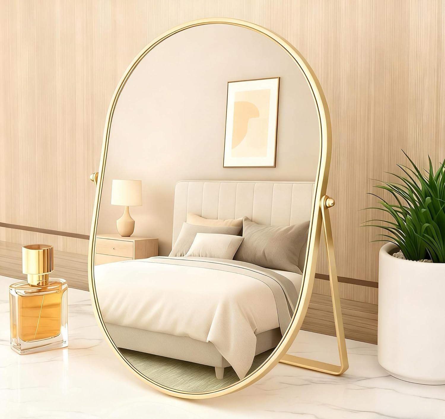 Feyarl Champagne Gold Oval Vanity Mirror 12×8 Inch Vertical Tabletop Makeup Mirror Decorative Standing Cosmetic Mirror for Bedroom Bathroom Desk Dresser