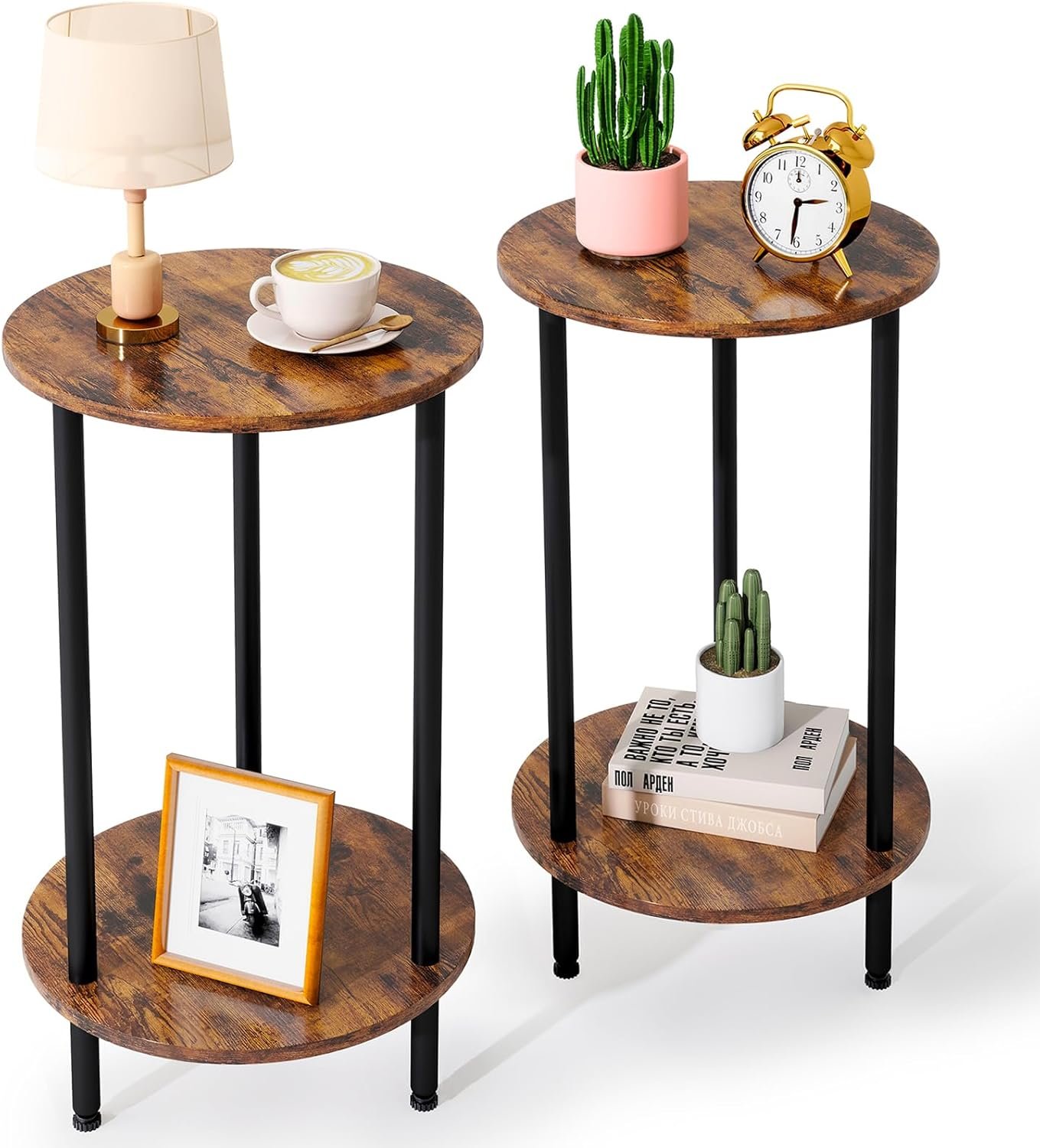 BITYODD Round Side Table Set of 2, 2-Tier End Table, Small Round Nightstands with Storage, Modern Accent/Bedside Table for Living Room, Bedroom-Brown
