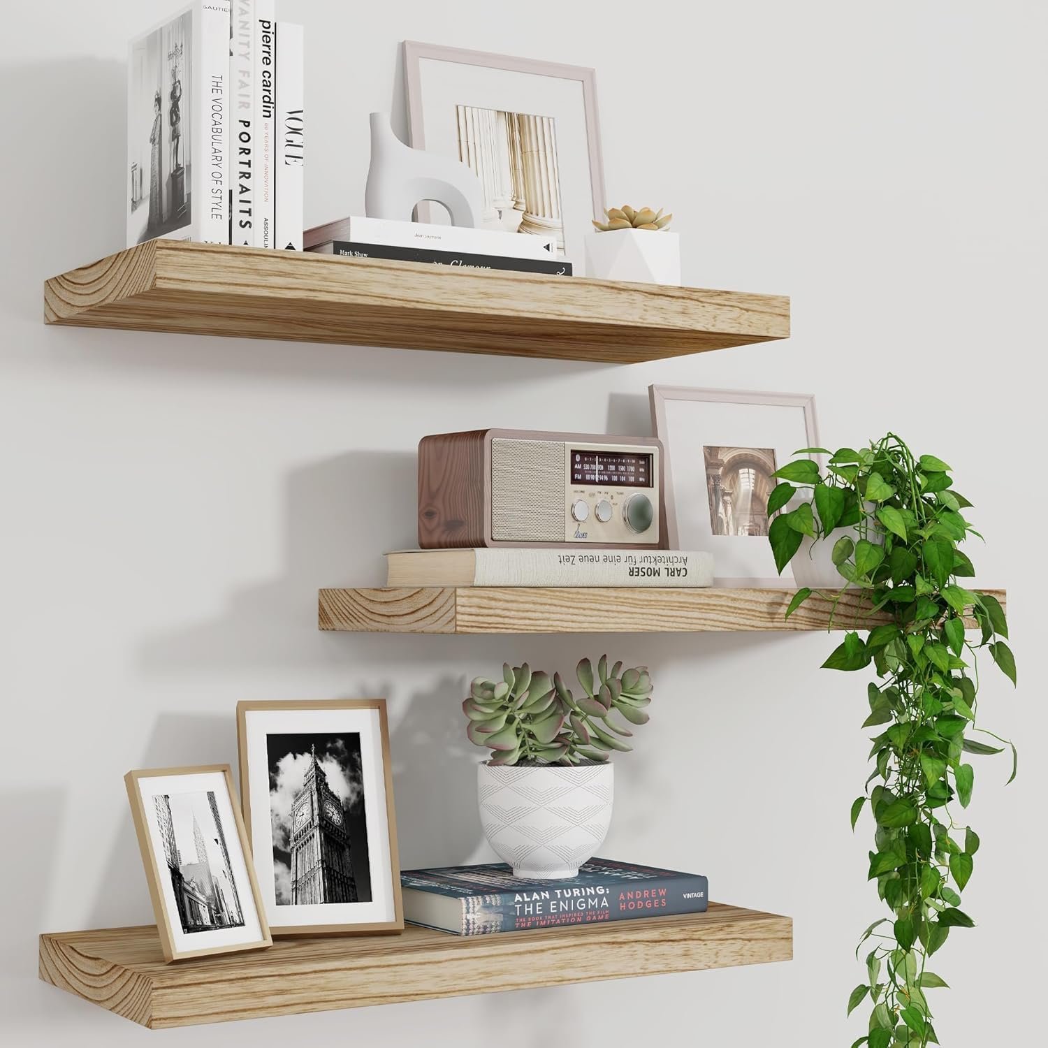 Marsmiles Wood Floating Shelves for Wall Set of 3, 17 Inch Wide Rustic Wooden Floating Shelves, Invisible Wall Mounted Display for Living Room Bedroom Kitchen Bathroom Office, Carbonized Black