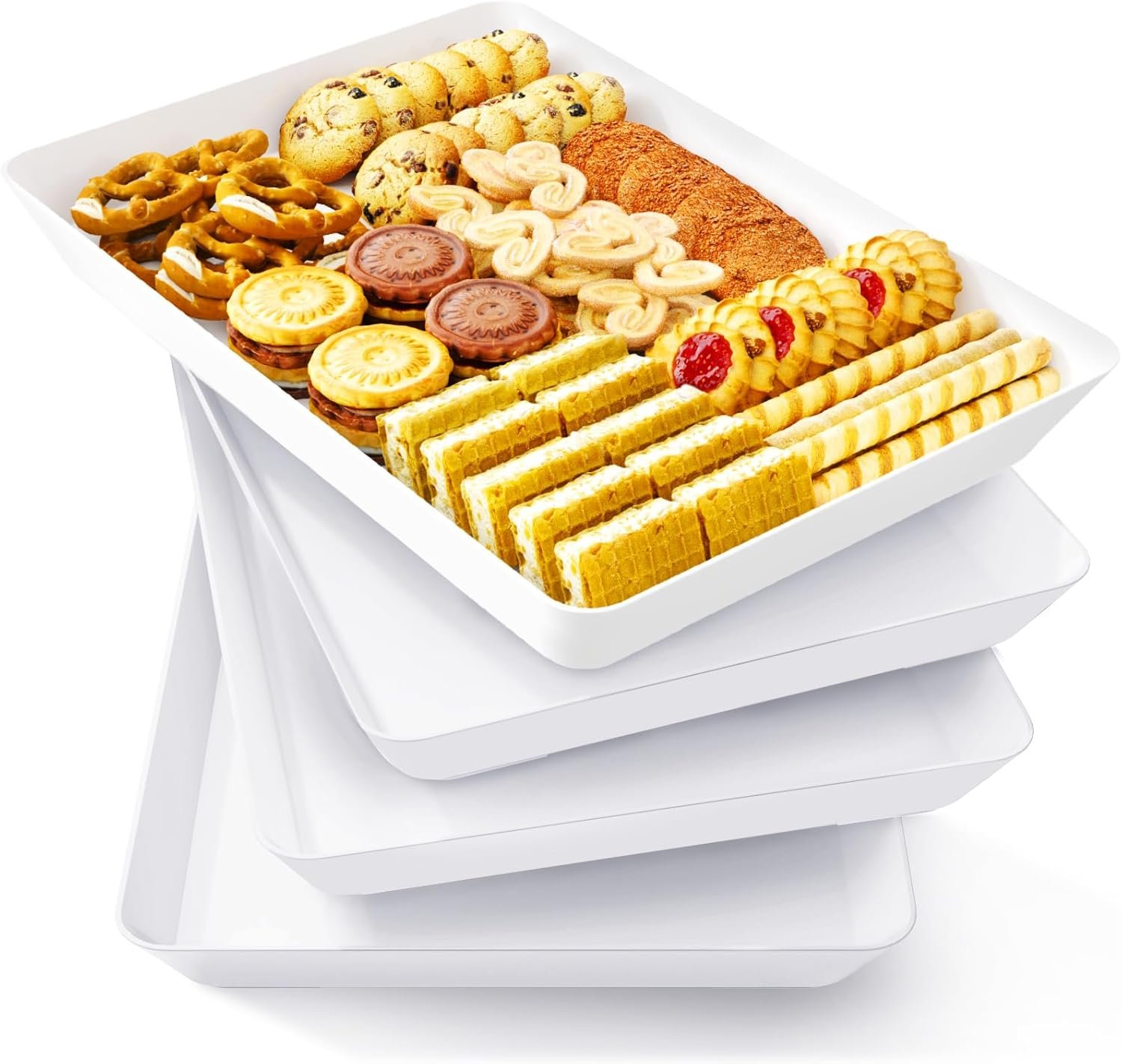 Lifewit Plastic Serving Tray for Party Supplies, 4 Pcs White Trays for Serving Food, Reusable Platters for Catering, Snack, Fruit, Charcuterie, Appetizer, Hosting Essentials, BPA Free