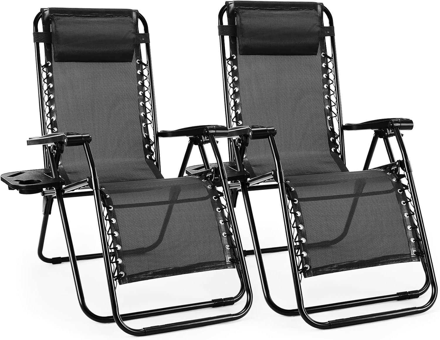 Sweetcrispy Zero Gravity Chairs, Set of 2 Portable Recliner Beach Camping Patio Outdoor Folding Lounge Chair with Cup Holder Trays and Adjustable Pillow for Poolside, Garden, Backyard, Lawn, Black