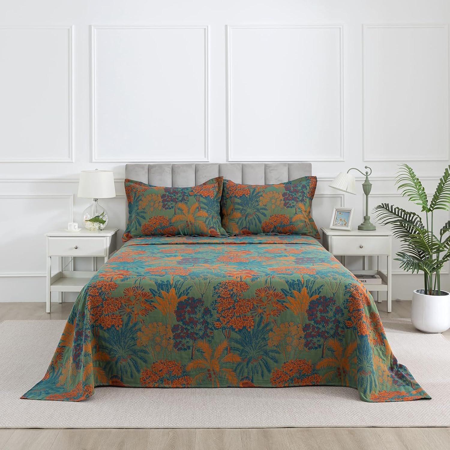 Forest Green Muslin Sheet Set California King 4Pcs, Shabby Leaf Pattern Chic Neutral Tropical Soft Bed Sheets, Country Rustic Bedding, Palm Tree Deep Pocket Fitted Sheet, 100% Washed Cotton