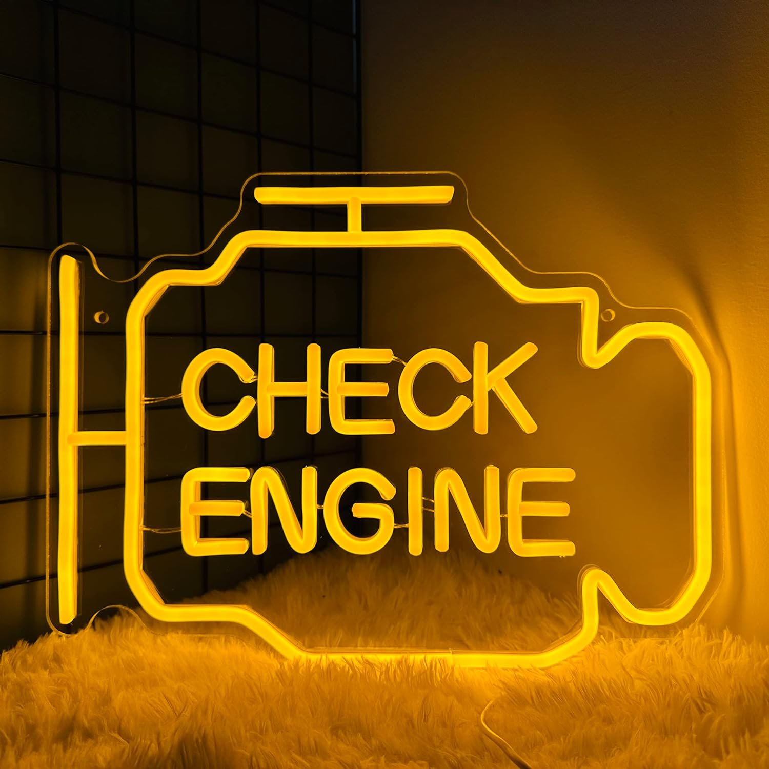 Check Engine Light Neon Sign for Man Cave Decor, LED Garage Wall Art, Funny Gifts for Dad & Car Guys, Man Cave Auto Repair Shop Mechanics Workshop Sign, USB Powered(15.7×11.8in,Yellow)