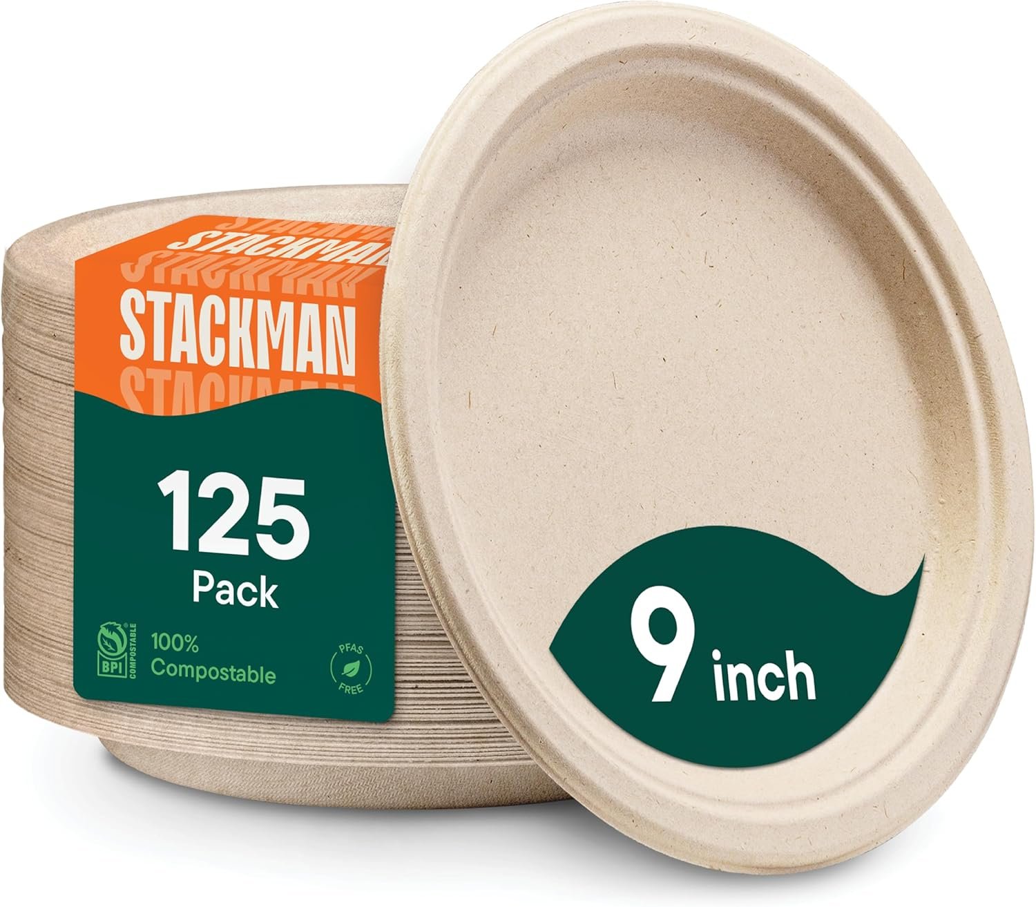 100% Compostable Paper Plates, Heavy Duty Disposable Plates [125-Pack] 9 Inch Plates – Eco-Friendly, Biodegradable Sugarcane Bagasse, Natural Unbleached Brown 9″ Dinner Paper Plate Disposable