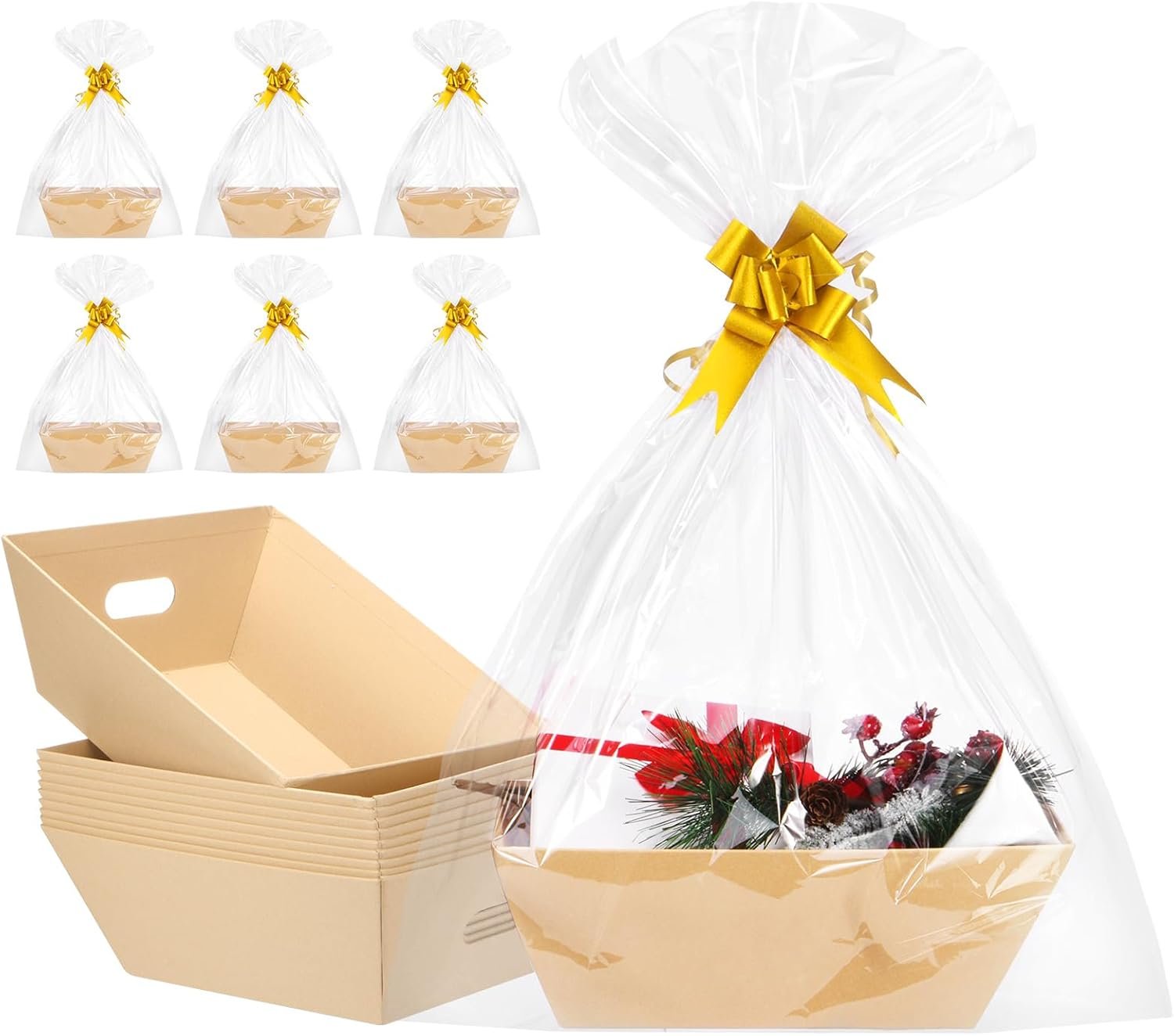 AFOROEOA 10PACK Baskets For Gifts Empty, 10×12”Thick Kraft Gift Basket with 10 Bows 10 Bags Empty Gift Baskets for Christmas, Valentine’s Day, Easter, Birthdays, Snacks, Farmers Market