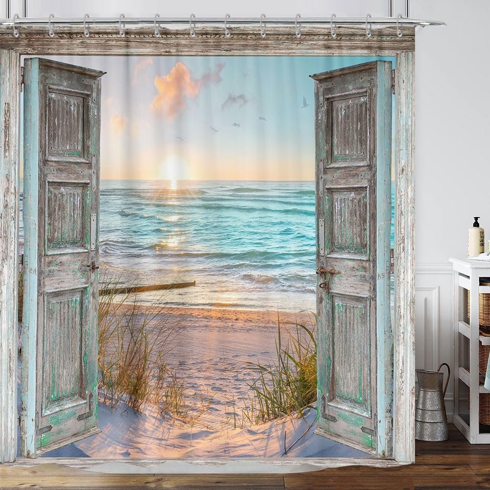 Boho Beach Coastal Shower Curtain, Teal Ocean Sunrise Seaside Seascape Nautical Beachy Shower Curtain Set, Rustic Barn Door Seashore Fabric Shower Curtain for Bathroom 12 Hooks, 72″×72″ Turquoise