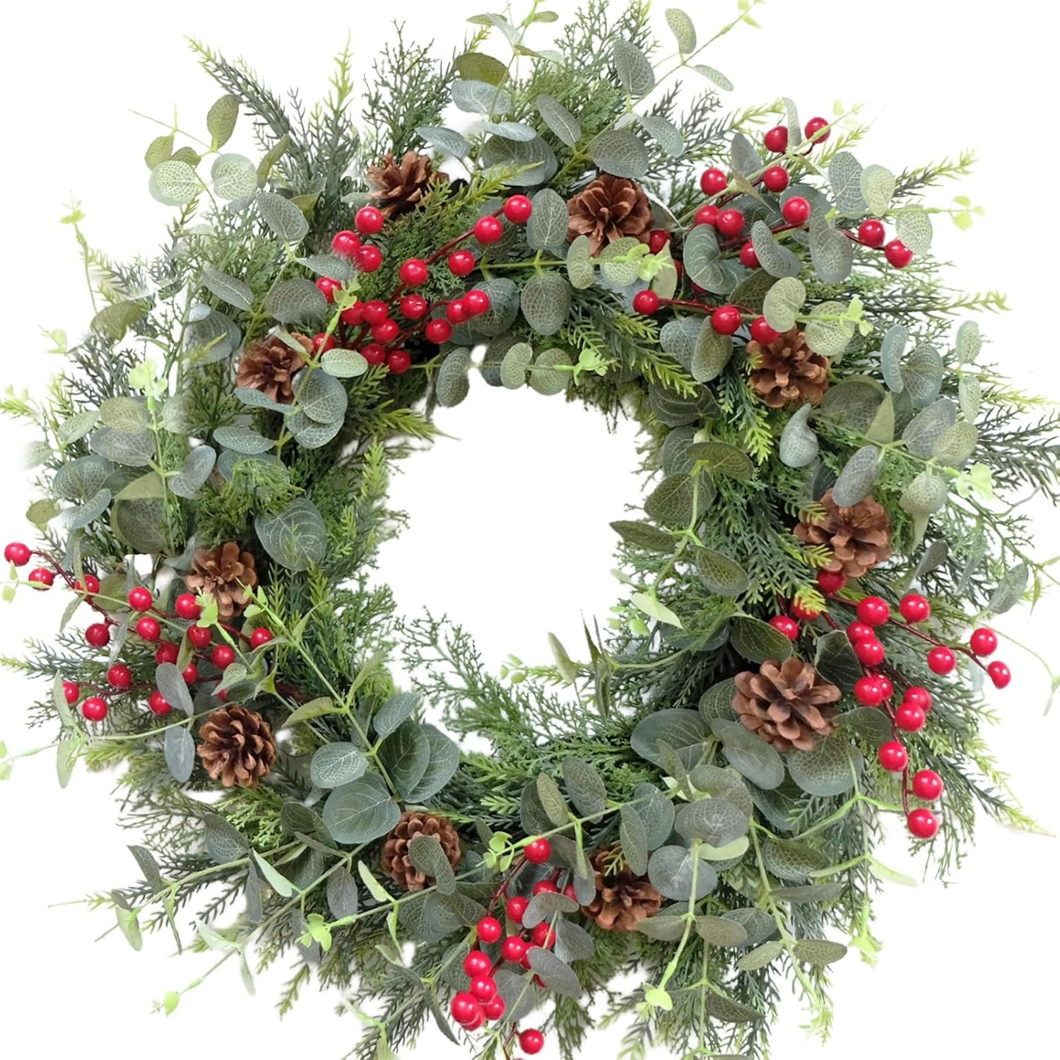 24 Inch Christmas Eucalyptus Red Berries Wreath for Front Door, Winter Green Eucalyptus Leaves Wreath with Pine Cone for Indoor Outdoor, Xmas Wreaths Home Decor