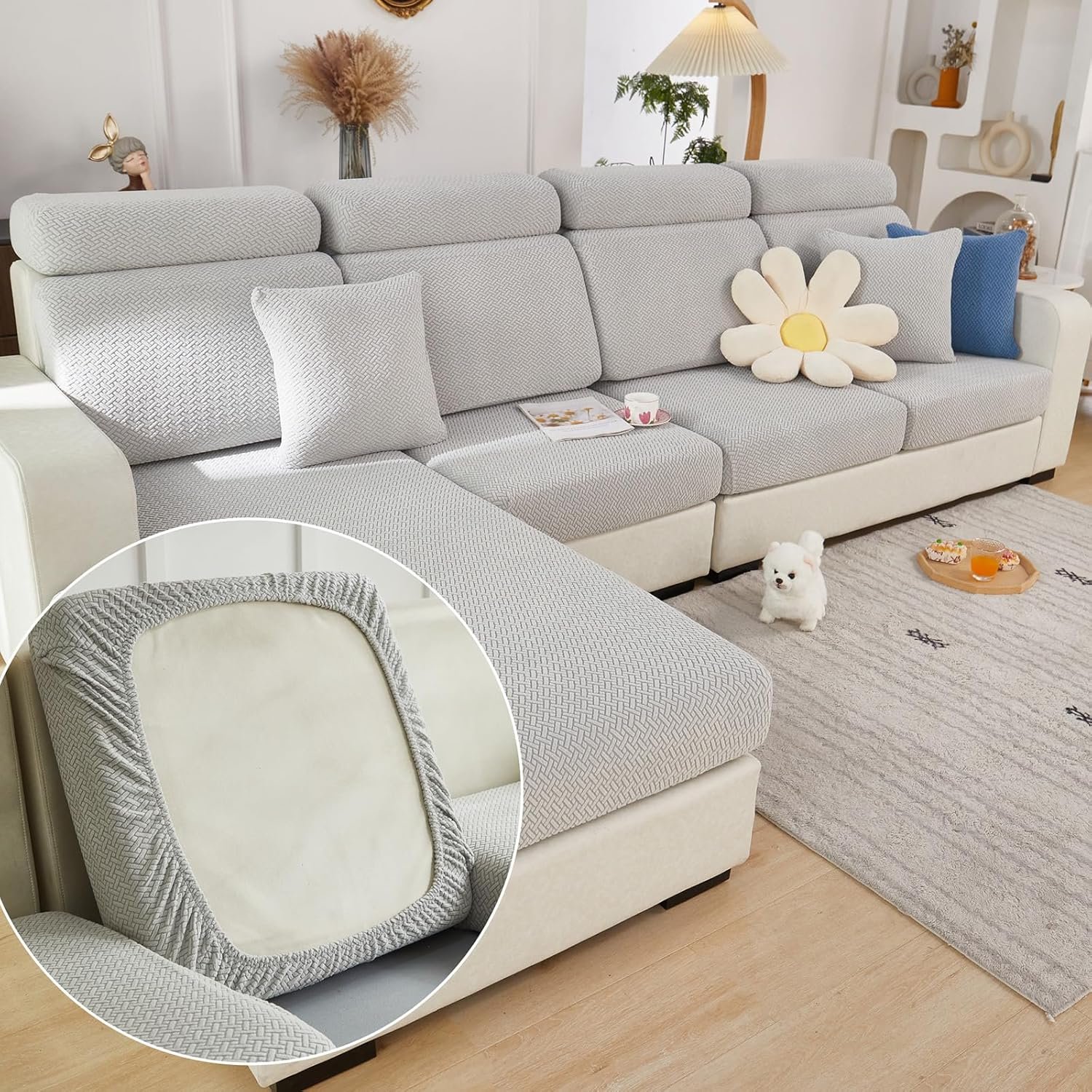 Couch Cushion Covers for Sofa Couch Covers Wear-Resistant Universal Sofa Cover Washable Stretch for Sectional Slipcovers (Texture-Light Gray,Large Single Seat Cover)