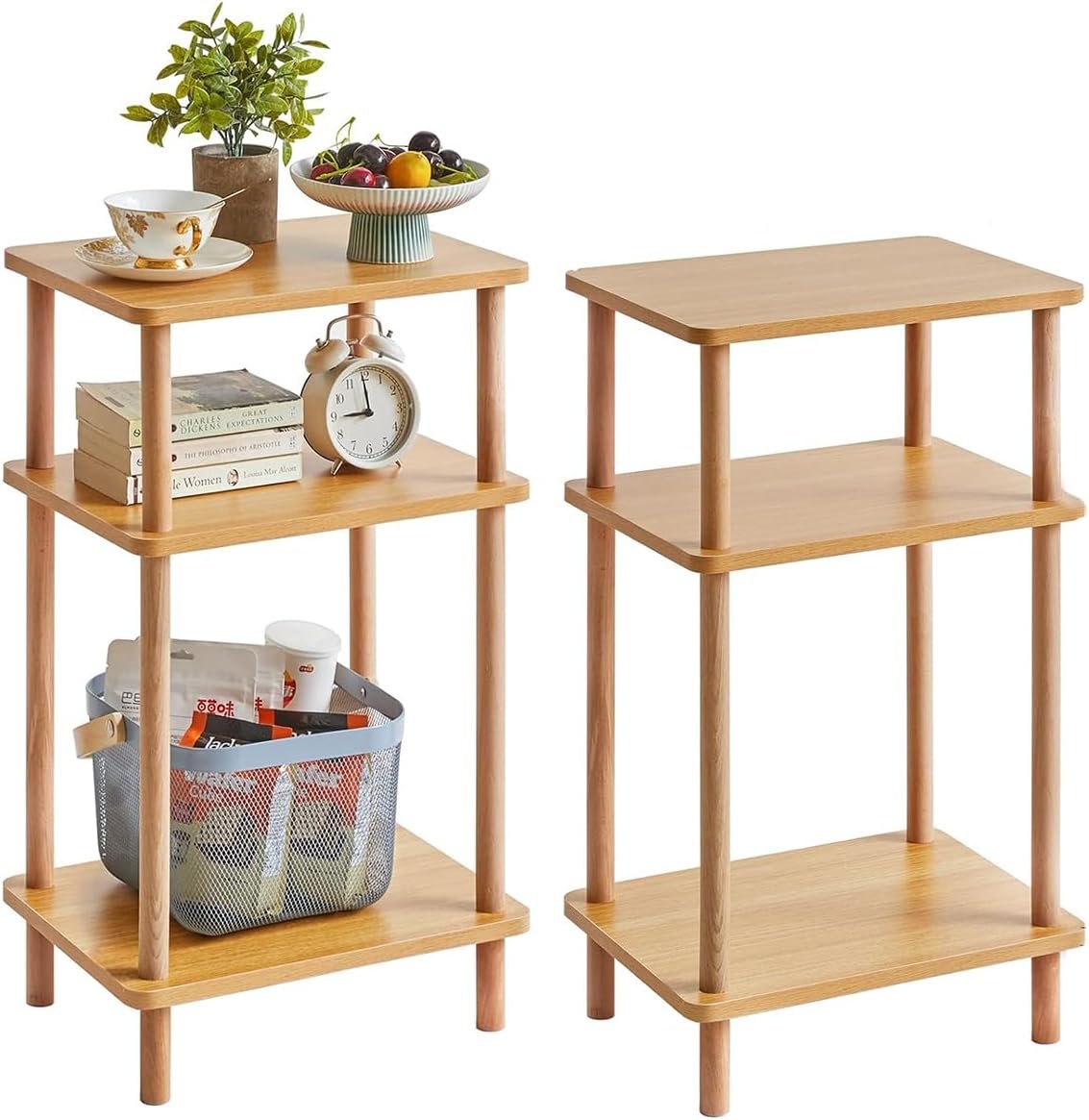 2 Pack Wooden Side Table, 3-Tier Narrow End Tables, Burlywood Nightstand Sofa Table Used for Living Room, Boho Small End Table with 3-Layer Storage Shelves for Bedroom (Set of 2)