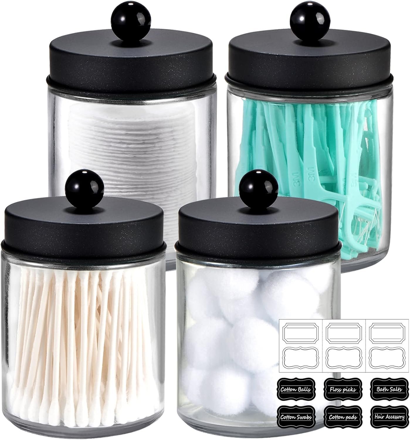 Amolliar 4 Pack Apothecary Jars Bathroom Vanity Storage Organizer Set -Countertop Canister with Stainless Steel Lids &Cute Stickers – Qtip Dispenser Holder for Qtips,Cotton Swabs,Makeup Sponges(Black)