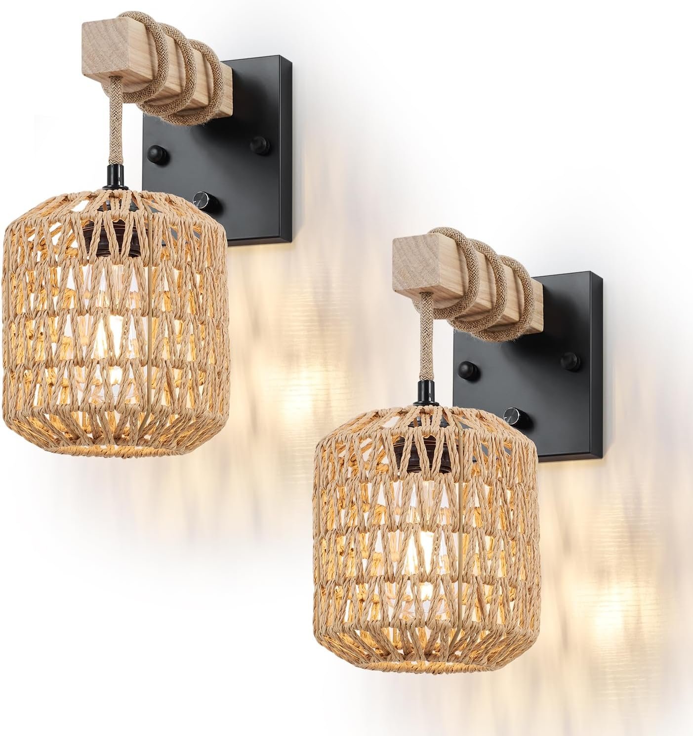 Rattan Boho Wall Sconces Set of Two, Hardwired Hand-Woven Farmhouse Wall Lamps with Wooden Arm & On/Off Dimmable Switch,Large Rustic Indoor Wall Mount Light Fixtures for Bedroom Nursery Bathroom