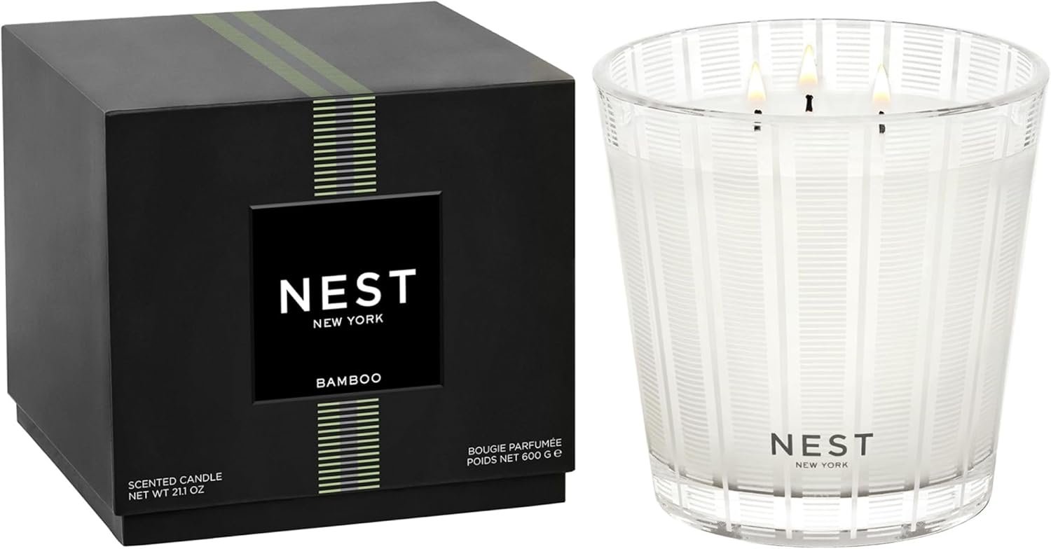 NEST New York Scented 3-Wick Candle, Bamboo – 21.2 oz – Up to 100-Hour Burn Time – Reusable Glass Vessel