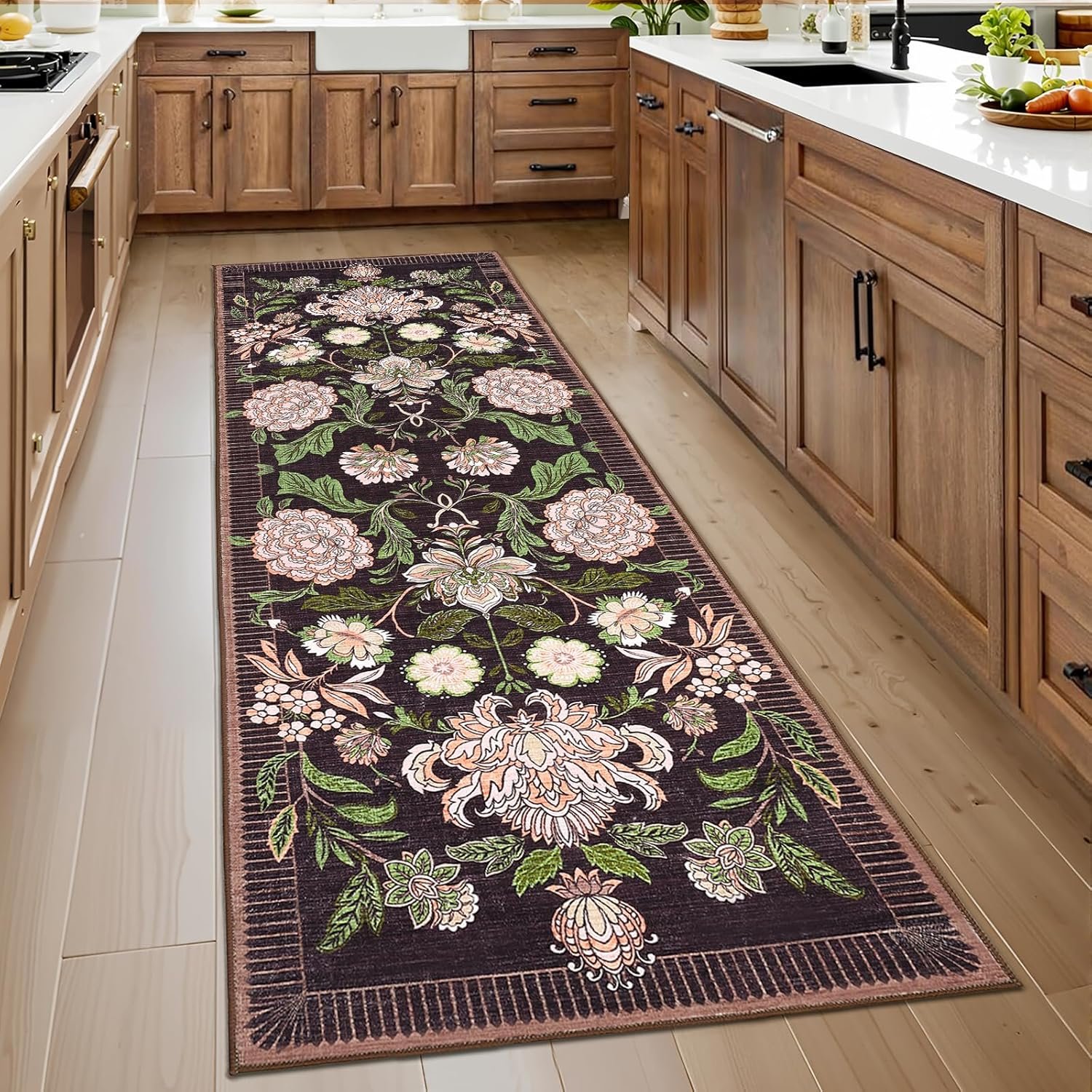 GarveeHome Plum Pink Floral Botanical 2×6 Washable Kitchen Runner Rugs Non Slip Black Purple Vintage Boho Cottage Long Rug for Hallways Bedroom Entryway Bathroom Mat with Rubber Back