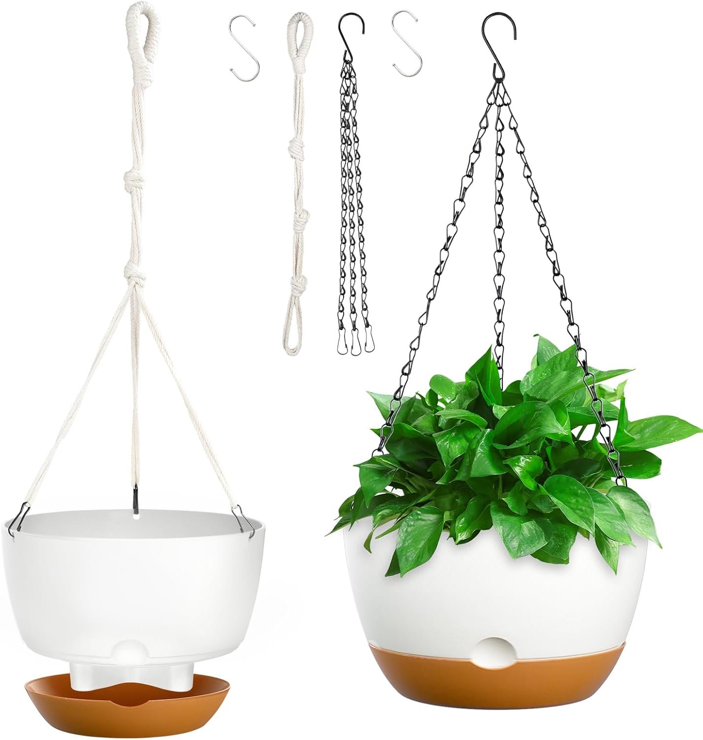 10 Inch Hanging Planters for Indoor & Outdoor Plants (2 Pack) – Self-Watering & Drainage Flower Pots with 2 Kinds of Plant Hangers for Home Decor & Garden (White, 10 in)