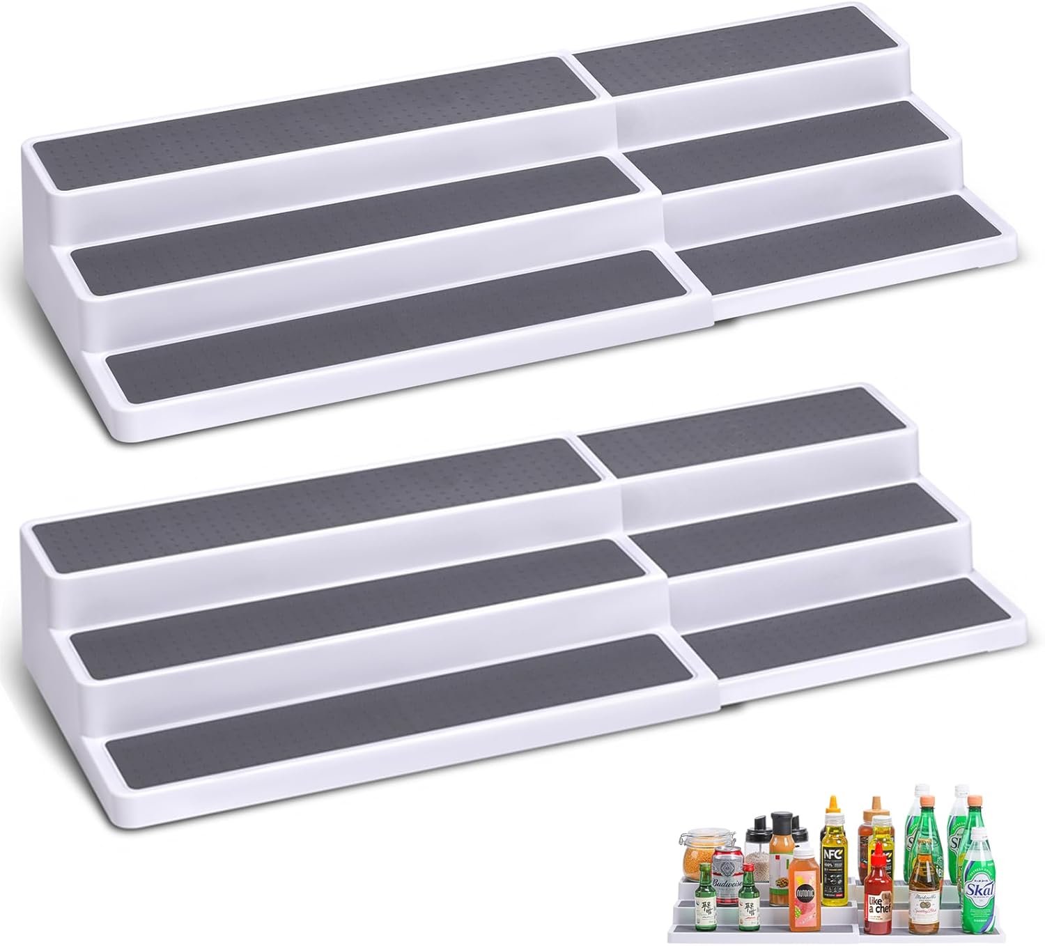CiWiVOKi 3 Tier Expandable Spice Rack Organizer, White/Grey Plastic Spice Rack, Adjustable Length 14.6In-25.8In, 2 Pack Non-Skid Tiered Spice Shelf Organizer for Kitchen Cabinet, Cupboard, Pantry
